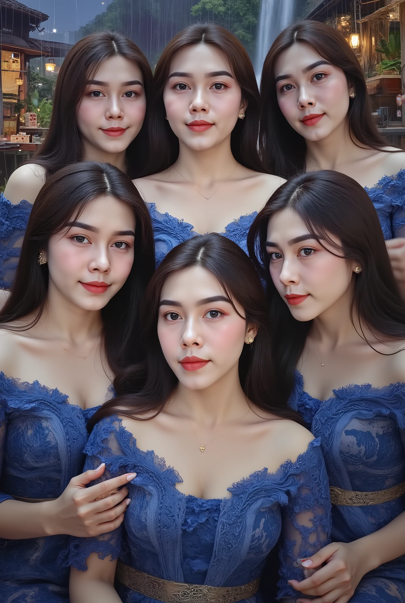 (Painting art closeup:1.2), detail impasto painting spatula art of five beauty lady-Aquarius big medium body white shinny skin holding a giant jar of the water , (5 beauty mature woman age 32 yo ) they are wearing blue kebaya likely waterfall dress, mix4,(8k, RAW photo, best quality, masterpiece:1.2), (realistic, photo-realistic:1.37),5woman , cute ,cityscape, night, rain, wet , nearly of the waterfall , professional lighting, photon mapping, radiosity, Physically-based rendering, gradient black medium hair with bang, short smooth silky straight hair with bangs, modeling, stylish, black ball eyes set, superb picture quality, high resolution, 1080p, (clear face), (detailed face description), (detailed hand description), (masterpiece), (exquisite CG), extreme light and shadow, smooth silky black hair, masterpiece, rich detail, (exquisite facial features), (highest image quality), (masterpiece), (detailed eyes), look forward to your eyes, delicate collarbone, kebaya_bali cozy room, relaxed pose, realistic, intricate details, warm colors, by Greg Rutkowski, by Alphonse Mucha