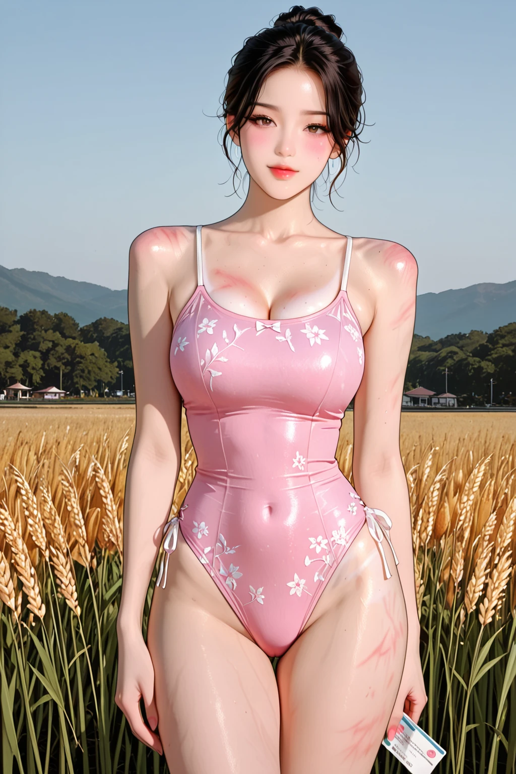 ((((highest quality))))、(((Ultra-precision CG16K wallpaper)))、(((masterpiece)))、(((Super detailed)))、(((Extreme detail)))、((１Mature 29 year old woman:1.6))、((Very beautiful Japanese faces))、((vegetable々Introduction:1.5))、((Soft Wave Ponytail Long Hair、blunt bangs:1.5))、(Shiny brown hair)、Beautiful delicate eyes、Brown Eyes、eyeliner、Eyeshadow、High nose、Small nostrils、Small Mouth、Seductive lips、Beautiful breasts、((C cup size breasts))、Cleavage、Beautiful feet、eight-headed body、Perfect proportions、Perfect Anatomy、Perfect composition、Beautiful detailed shading、Beautiful, natural lighting、Beautiful detail glow、Depth of written boundary、(((High chroma)))、(((Real:1.9)))、((vivid:1.5))、((Beautiful Skin))、((Skin Texture))、((Realな皮膚感))、(((Cowboy Shot:1.6)))、((front view、shoot from front、Front low angle:1.6))、(((smile:1.6)))、((The woman is looking at this、looking at viewer、Facing forward:1.6))、Bright daylight、Natural light、(((Dance Floor:1.5)))、(Ballerina Pose:1.6)、(((Pink beige lace high leg leotard:1.6)))、((Scrunchie、Earrings、Wearing a choker:1.5))、((Knee-high socks:1.3))、