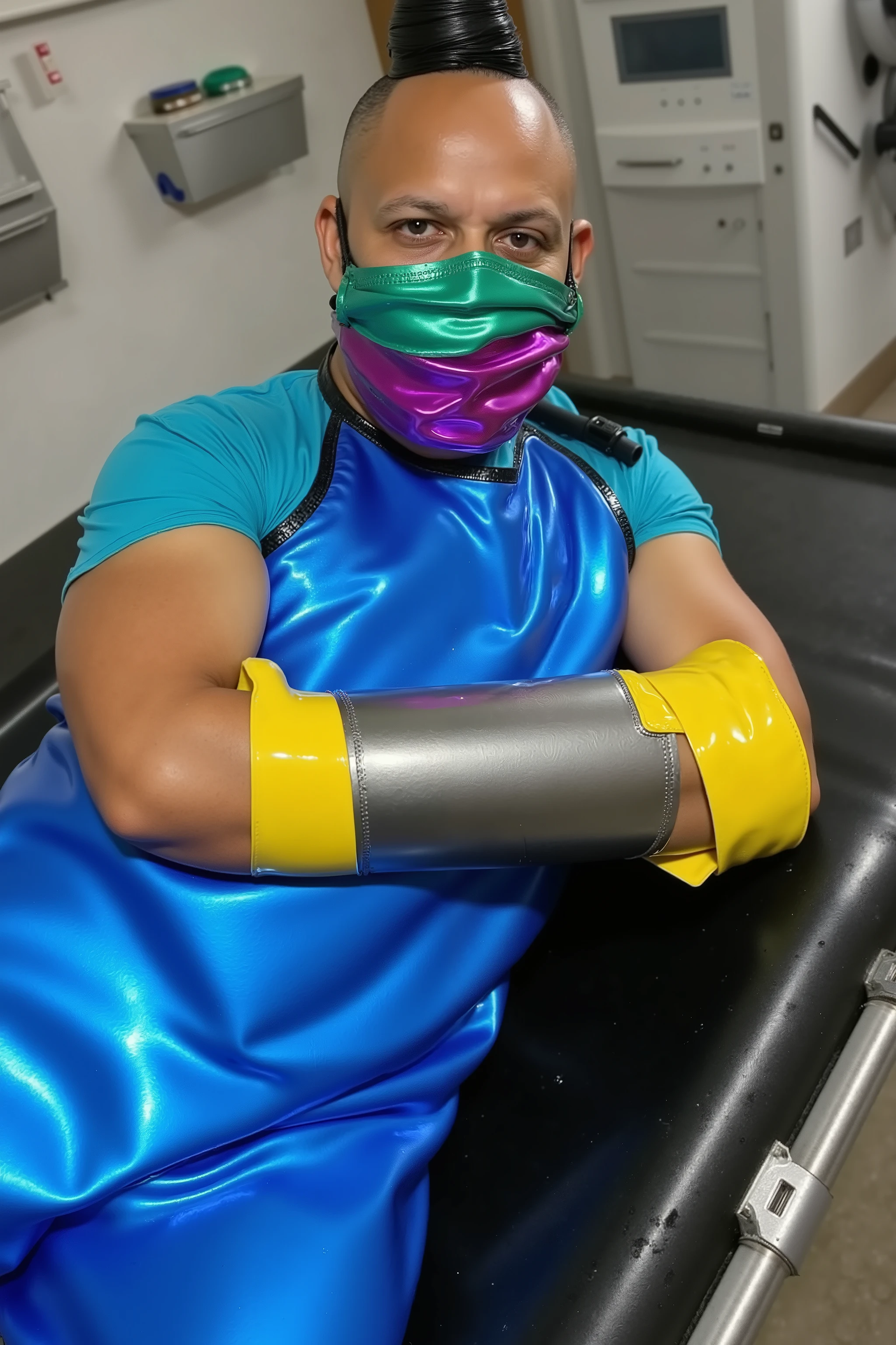 a 58 year old black man wearing a bright blue polished shiny metallic lead apron made of vinyl, wearing a shiny purple and green polished vinyl face mask, his arms are in a tight lead armbinder that is yellow, against his front side, enclosed in the yellow vinyl, fully restrained, he is laying on a shiny wet black rubber conveyor belt in a steamy factory restrained tightly
