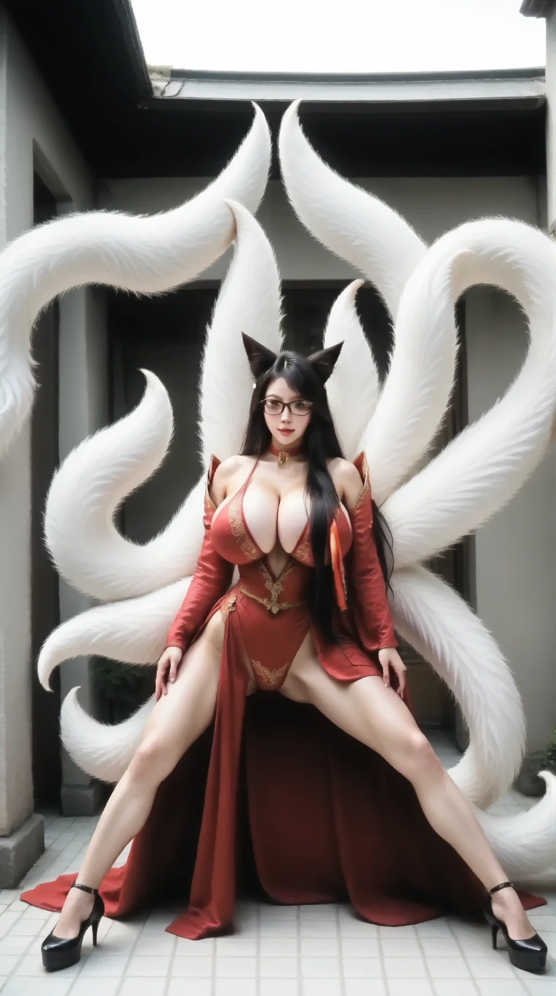 Full body Photo, full-length portrait of extremely perfect quality, front view, head-on view, front view, Standing straight, Facing front, well-lit face, slim heart-shaped face, extremely detailed body details, very perfect eyes, ultra realistic eyes, Two-colored eyes, Heterochromia iridis eyes, surreal, 1 girl, nine-tailed fox girl, Girl White hair, side-swept bangs, Angled bangs, Red and white highlights hair, Ahri, (Ahri (League of Legends)), girl in an alluring pose, 1.6 meters tall girl, 2 arms hanging down, looking straight ahead, Balanced face with a slim pointed chin, " sharp, slender chin ", Heart-shaped lips, Perfectly symmetrical lips, slim lips, Smirk, Not blindfolded, Super detailed face, super detailed body, " Stand straddle, to stand with feet wide apart, Standing posture always facing forward facing the frame ", don't turn your body to the right and left, Raise both hands up high and clasp them together above your head , Hands clasped overhead, Wearing black glasses, legs spread wide, Close mouth, Venus body, huge breasts, Gigantic Breasts, huge butt, Gigantic Ass, bubble butt, Gigantic Thigh, super small waist, sagging breasts, Extremely detailed super large slanted eyes with thick eyelids, long eyelid tail, Huge double eyelids, "Create big, beautiful, and captivating eyes", High slim nose, slim nose bridge, small slim nose wings, smaller nasal septum, fine nose, Narrow nostrils, Thin wings of the nose, slim nose wing, high nose tip, hourglass figure, Anatomically correct body details, sexy bare legs, Full body front view portrait of An alluring girl with glasses, wearing a floral lace one-piece lingerie, that shows off her alluring Belly and large breasts with deep cleavage, huge sexy thighs, deep cleavage, " The girl experiencing a surge of pleasure and arousal, with the fluid from her vulva splashing outside ", Don't wear a dress with a slit, Nature background or indoor background or Post-apocalyptic background or monochrome background.