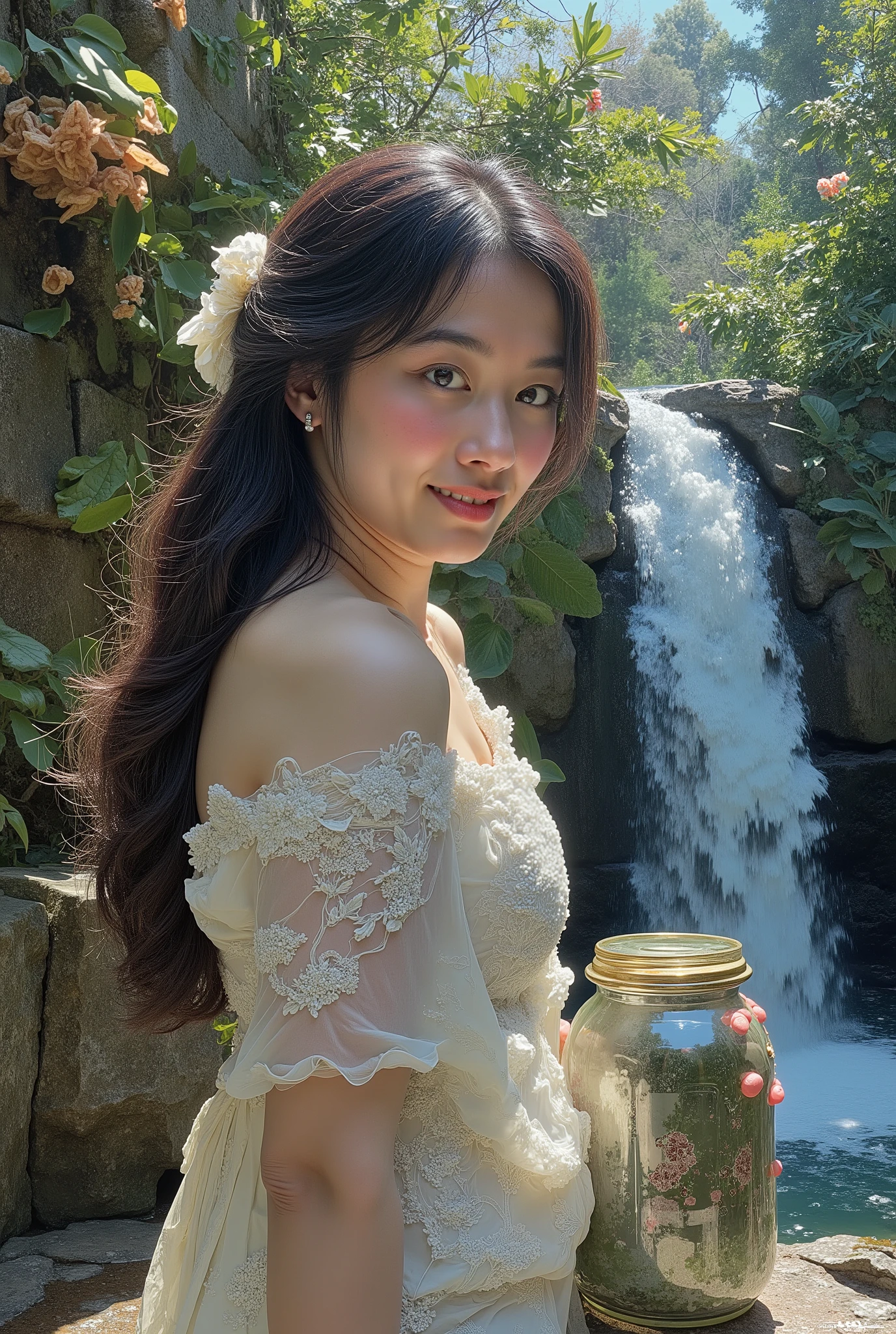 Painting art style of the closeup beautiful lady aquarius with large jar waterfall on her shoulder . Inspiration of art station , hyper detail and elegan full color aestetic 