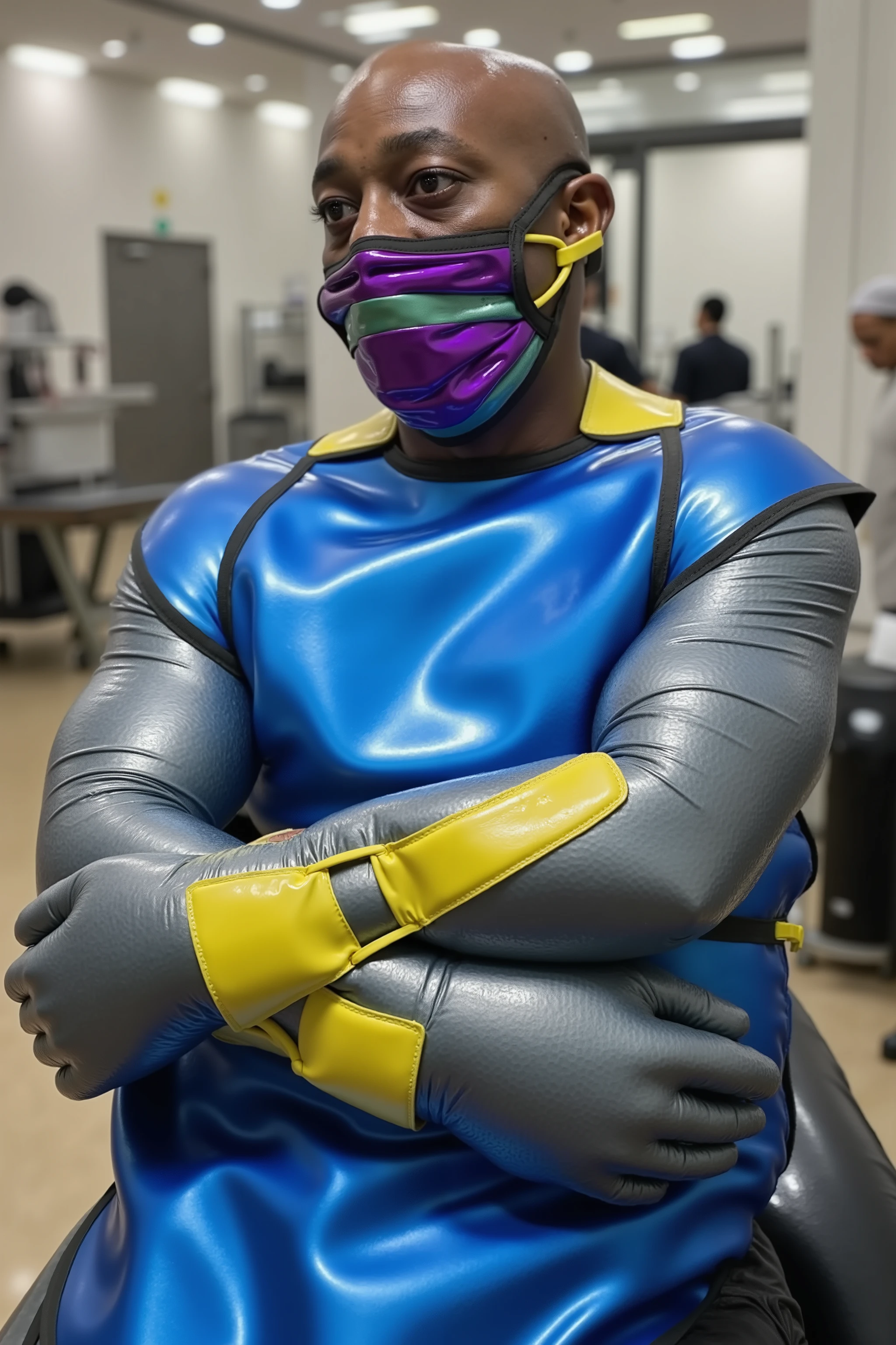 a 58 year old black man wearing a bright blue polished shiny metallic lead apron made of vinyl, wearing a shiny purple and green polished vinyl face mask, his arms are in a tight lead bondage armbinder that is yellow, against his front side, enclosed in the yellow vinyl, fully restrained, he is laying on a shiny wet black rubber conveyor belt in a steamy factory restrained tightly