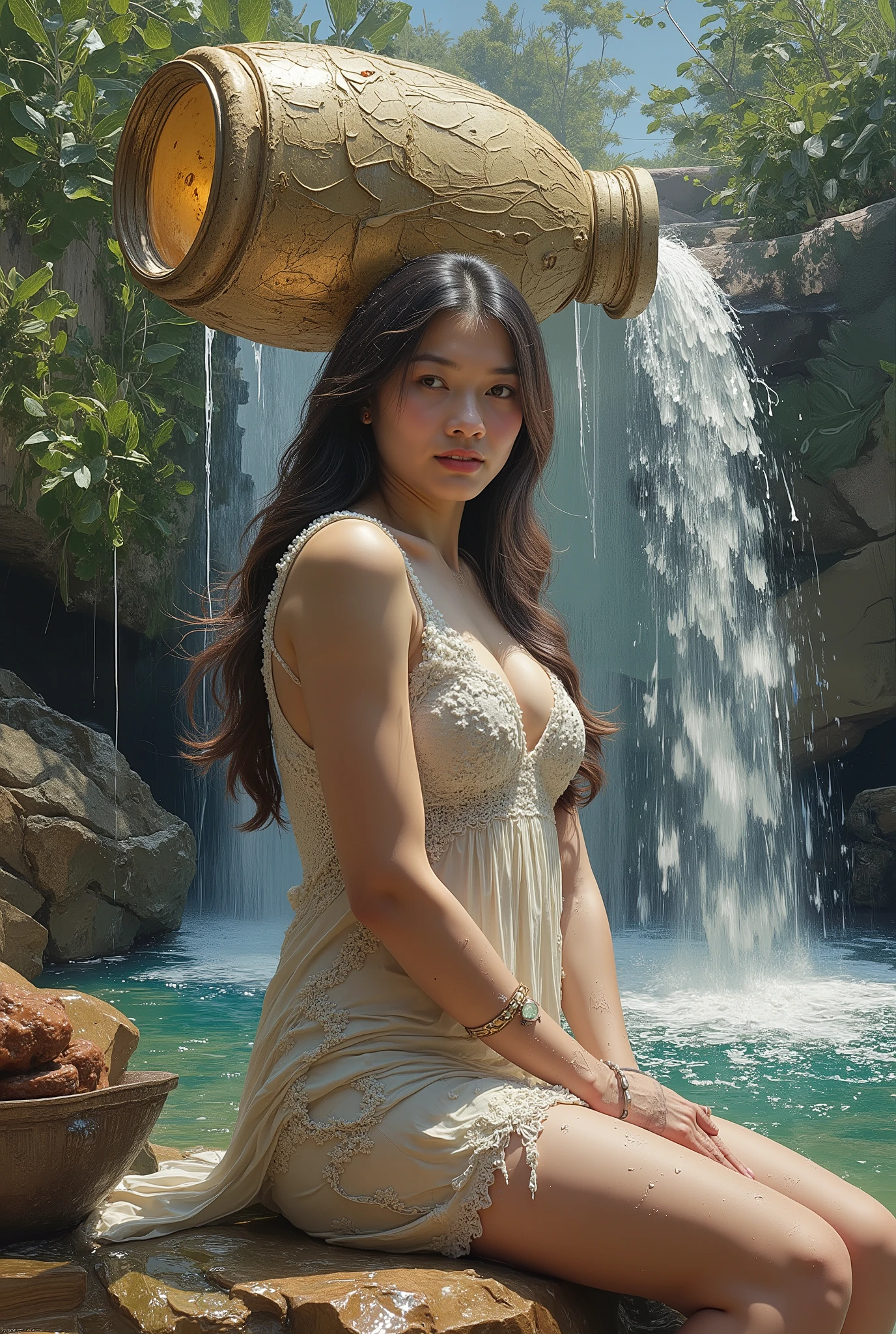 Painting art style of the closeup beautiful lady aquarius with large jar waterfall on her shoulder . Inspiration of art station , hyper detail and elegan full color aestetic