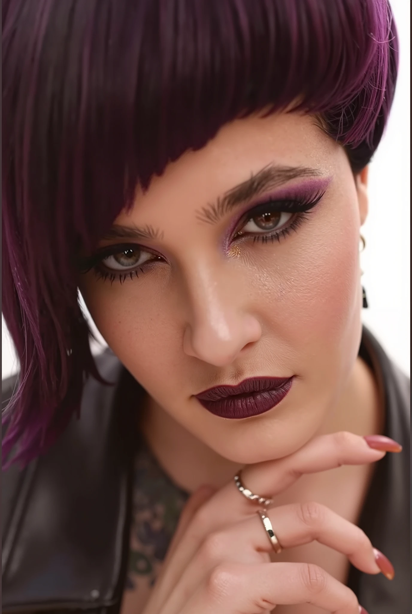 Portrait of a beautiful young girl in close-up, dark purple carefully crafted shiny hair, bangs,
expressive saturated makeup, gaze, dark lipstick, leather jacket, studio light, fashion photography, posing, model, advertising, gloss, digital photo, high detail, 64k quality,
