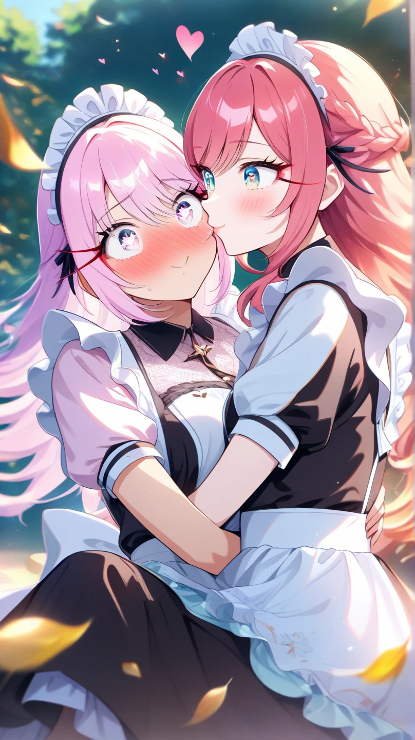 2 girls with pink hair, long double-tailed hairstyle, ((small pink bushy eyebrows)), dressed in lolita clothes,  (Zankuro) drawing style by zankuro artist, ザンクロー style, image uploaded to R34, , passionately kissing and sharing a 