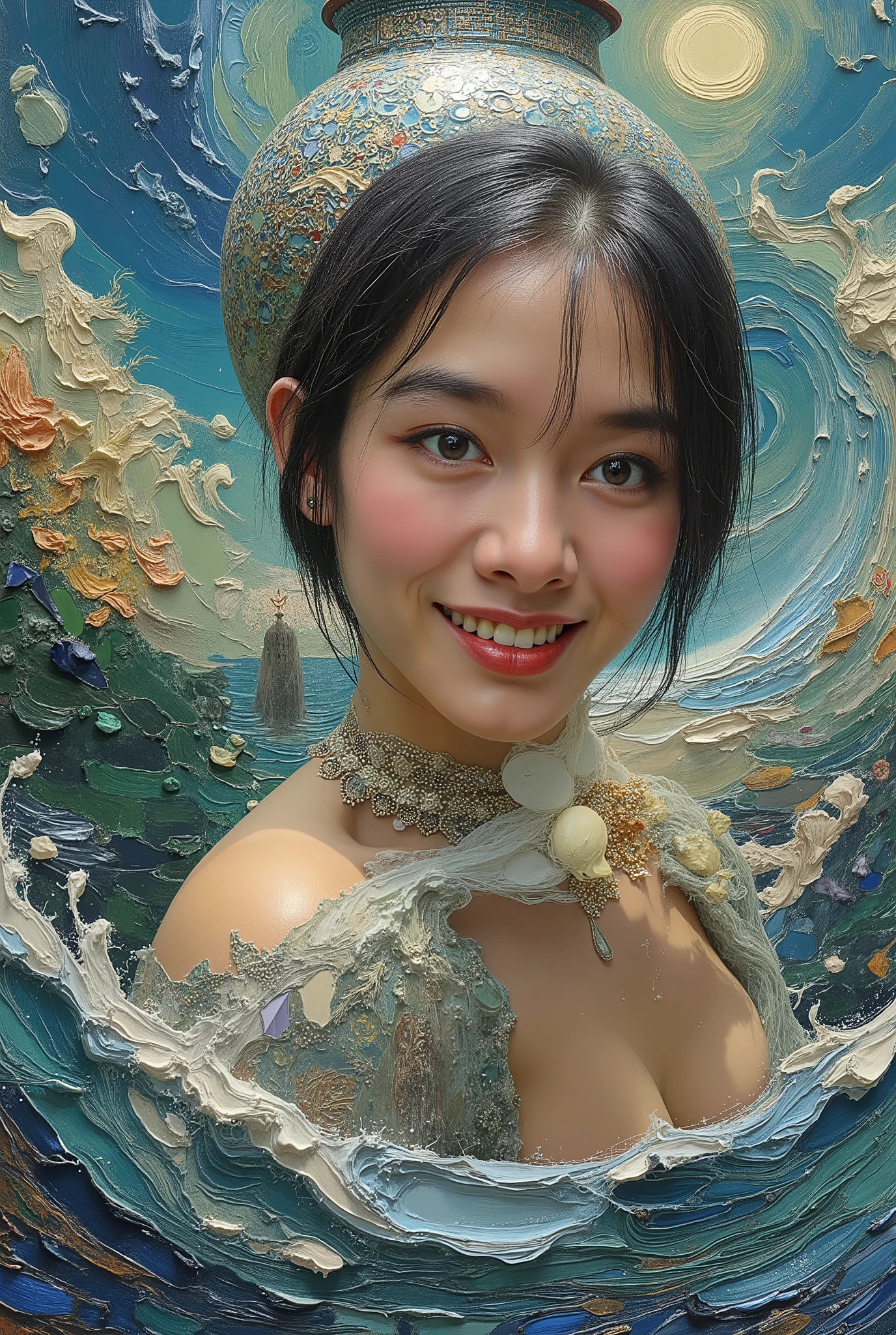 Painting art style of the closeup beautiful lady aquarius with large jar waterfall on her shoulder , her one hands holding thats jar aside on her head position . Inspiration of art station , van gogh , and all best of artistic of painting style , hyper detail and elegan full color aestetic .