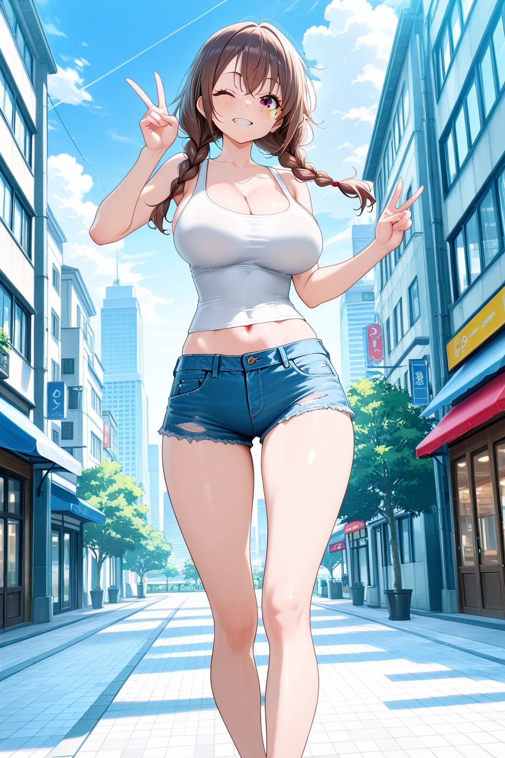 best quality, (masterpiece),(ultra-detailed), (high quality), (high resolution), (twins:1.5), pink hair, (brown hair), blue eyes, black tank top, blue jeans, shoes with long socks, huge breasts