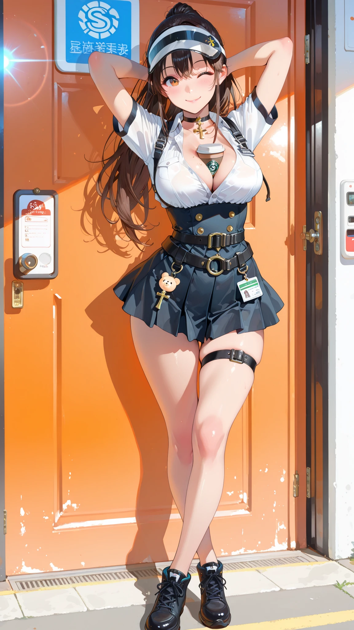 best quality, masterpiece, highres, solo, {ooyodo_kantaicollection:1.15}, black_hair, long_hair, glasses, hairband, semi-rimless_eyewear, under-rim_eyewear, blue_eyes, green_eyes, small_breasts, 1girl, looking_at_viewer, necktie, harbor_school_background, red_necktie,angry,smile,Proudly,(bunny_suits:1.5),bunny_ears,thighs,fishnet_pantyhose,cuffs,