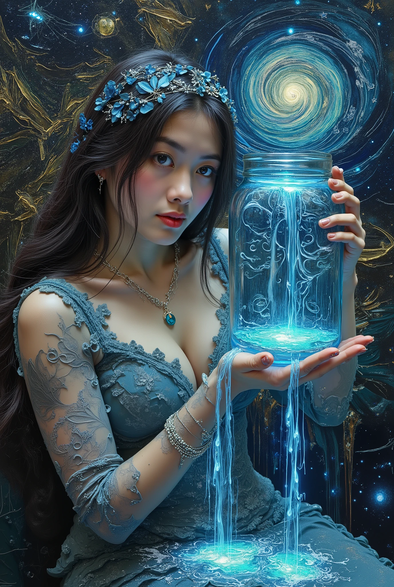 Painting art style of the closeup beautiful lady aquarius with large jar waterfall on her shoulder , the water glowing in the darknight, her one hands holding thats jar aside on her head position . Inspiration of art station , van gogh , and all best of artistic of painting style , hyper detail and elegan full color aestetic .