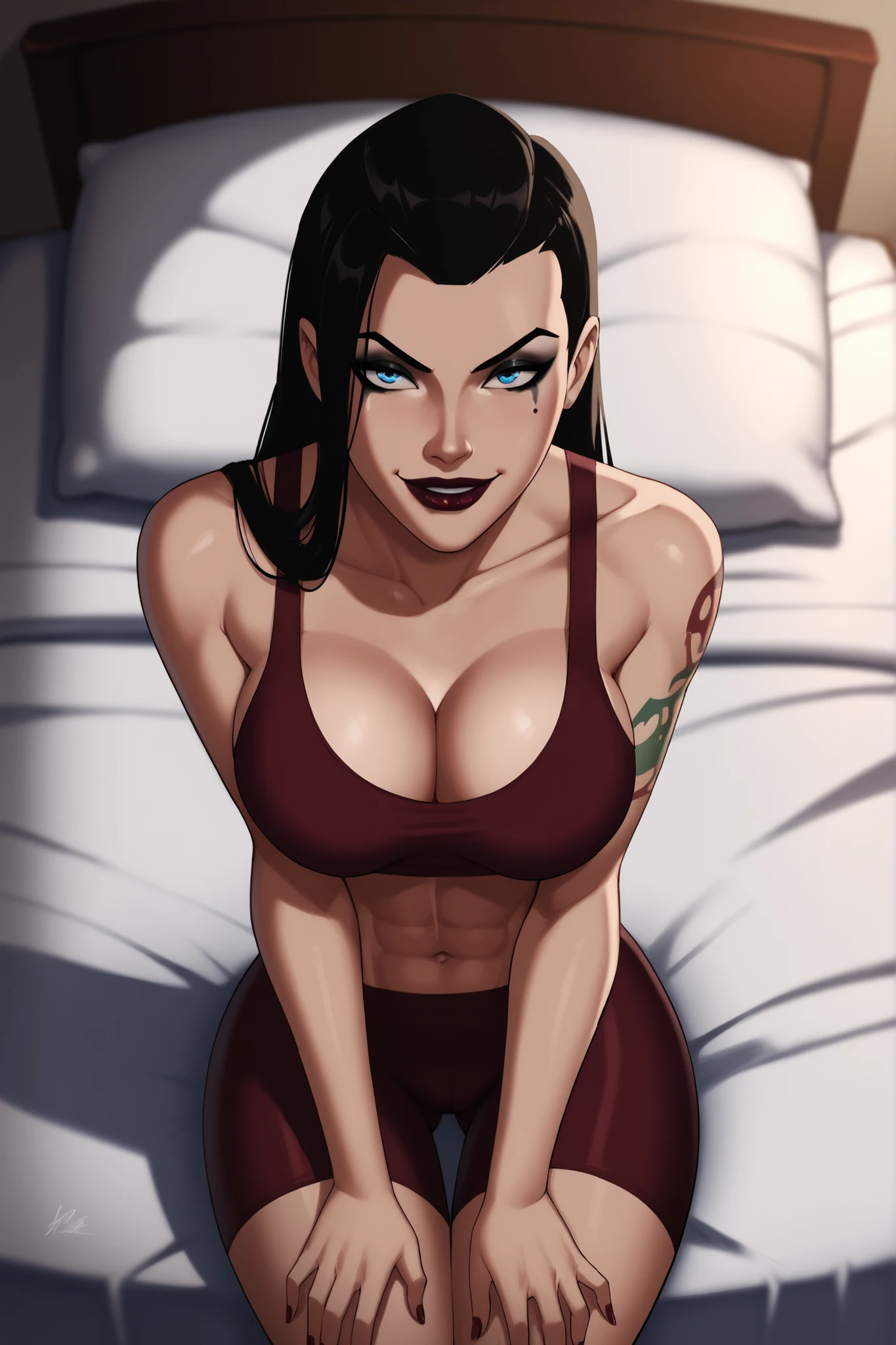 BREAK, score_9, score_8_up, score_7_up, score_6_up, Roulette, 1girl, solo, black hair, blue eyes, long hair, lipstick, makeup, , cleavage, curvy, athletic, shoulder tattoo, thigh tattoo, looking at viewer, seducing viewer, teasing viewer, smile, closed mouth, expression, bedroom eyes, busty, burgundy sports bra, burgundy bike shorts, indoors, bedroom, sitting on bed, portrait, closeup, upper body, high-angle view, black eyeshadow, black eyeliner, black mascara