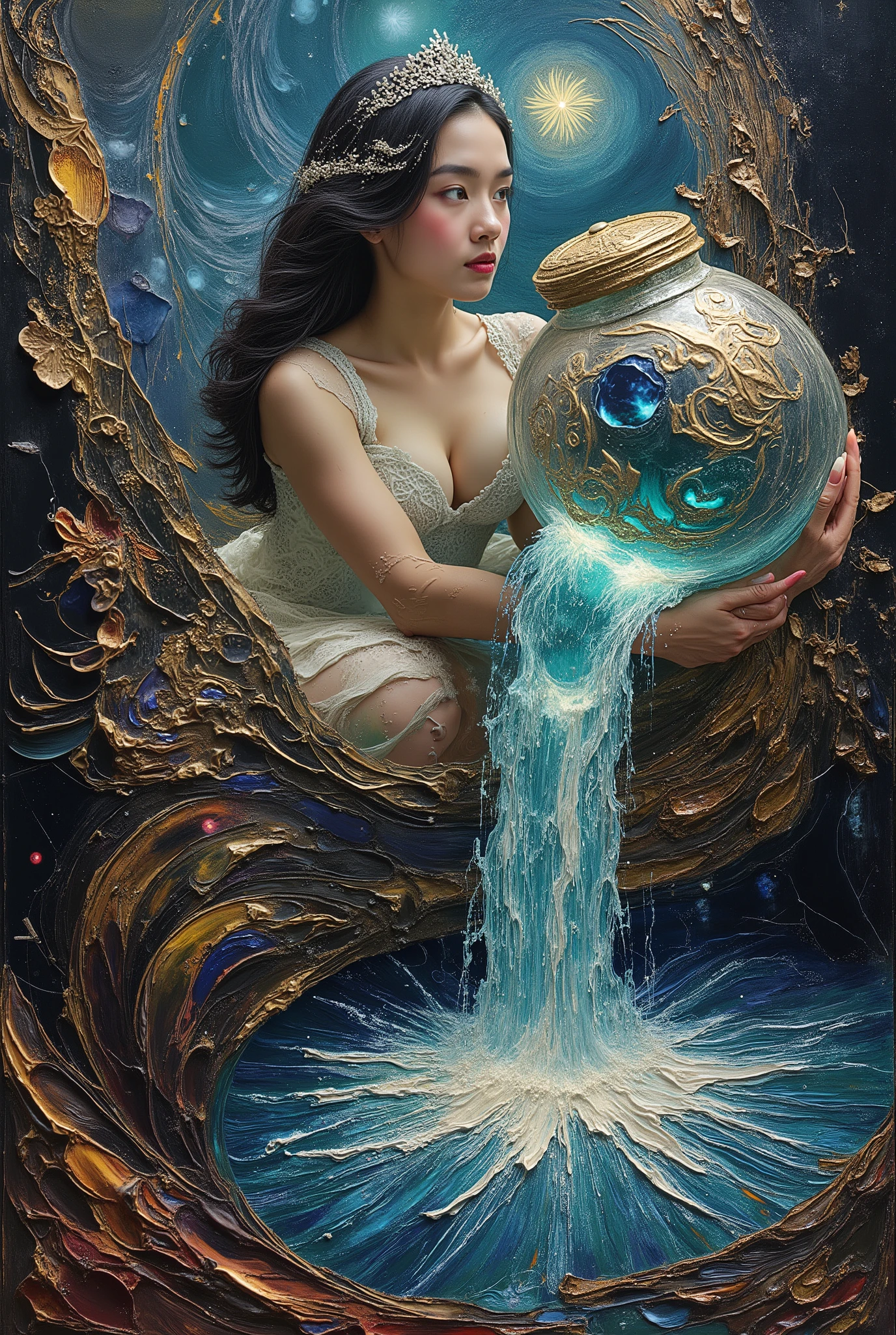 Painting art style of the closeup beautiful lady aquarius with large jar waterfall on her shoulder ,  the water glowing in the darknight, her one hands holding thats jar aside on her head position . Inspiration of art station , van gogh , and all best of artistic of painting style , hyper detail and elegan full color aestetic . On the central bottom have frontground large title text sign " The Lady Aquarius " Using golden and silver ornate for thats elegant tittle. 