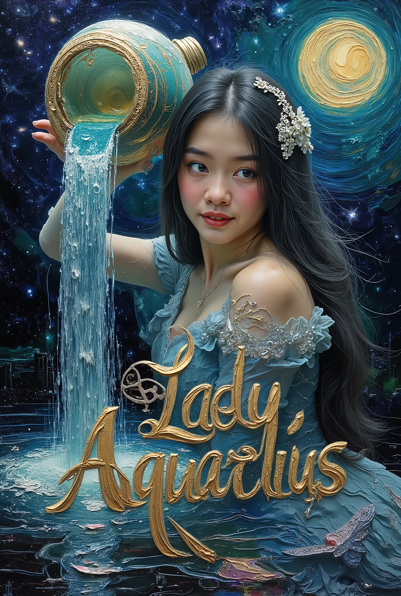 Painting art style of the closeup beautiful lady aquarius with large jar waterfall on her shoulder , the water glowing in the darknight, her one hands holding thats jar aside on her head position . Inspiration of art station , van gogh , and all best of artistic of painting style , hyper detail and elegan full color aestetic . On the central bottom have frontground large title text sign " The Lady Aquarius " Using golden and silver ornate for thats elegant tittle.