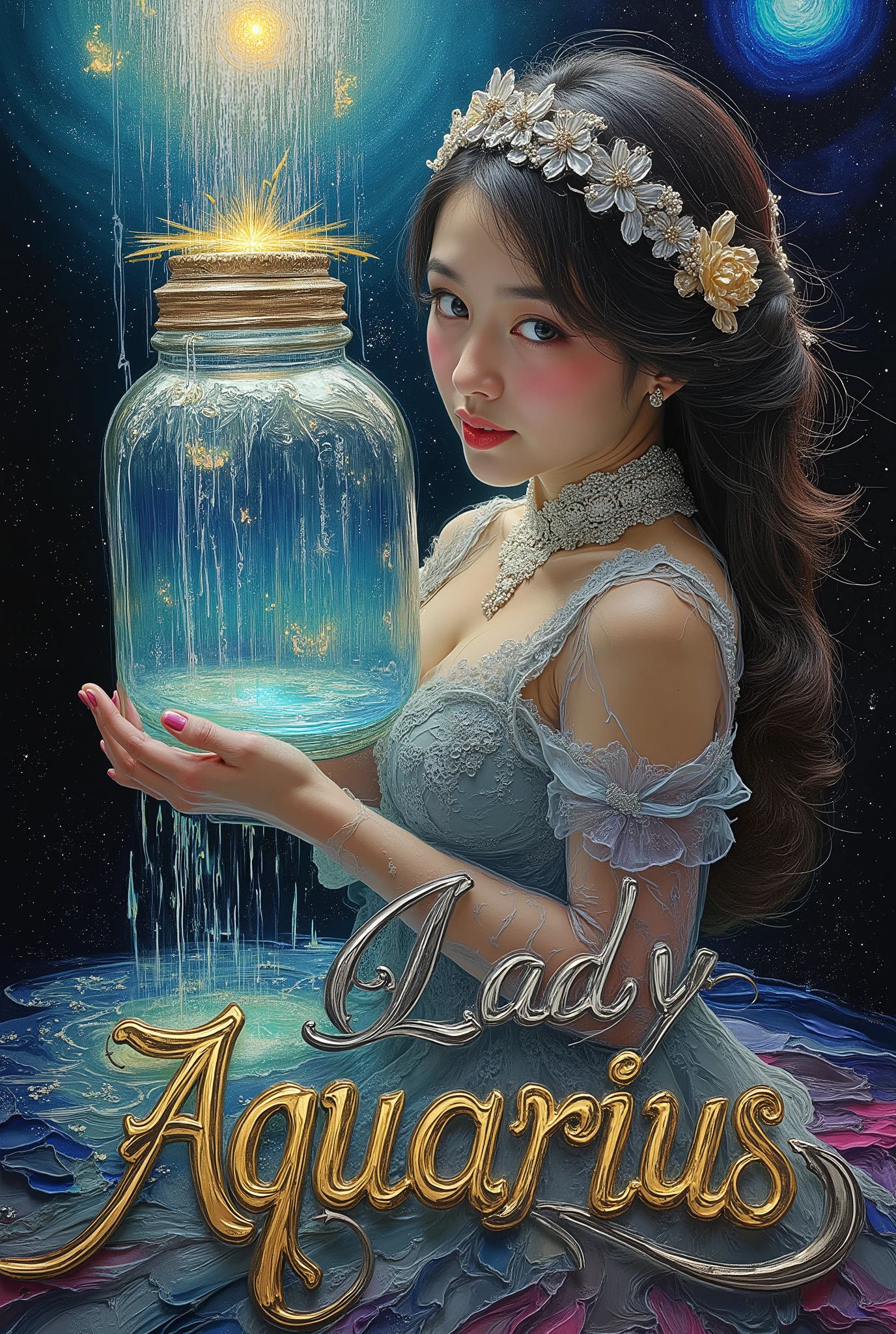 Painting art style of the closeup beautiful lady aquarius with large jar waterfall on her shoulder , the water glowing in the darknight, her one hands holding thats jar aside on her head position . Inspiration of art station , van gogh , and all best of artistic of painting style , hyper detail and elegan full color aestetic . On the central bottom have frontground large title text sign " The Lady Aquarius " Using golden and silver ornate for thats elegant tittle.