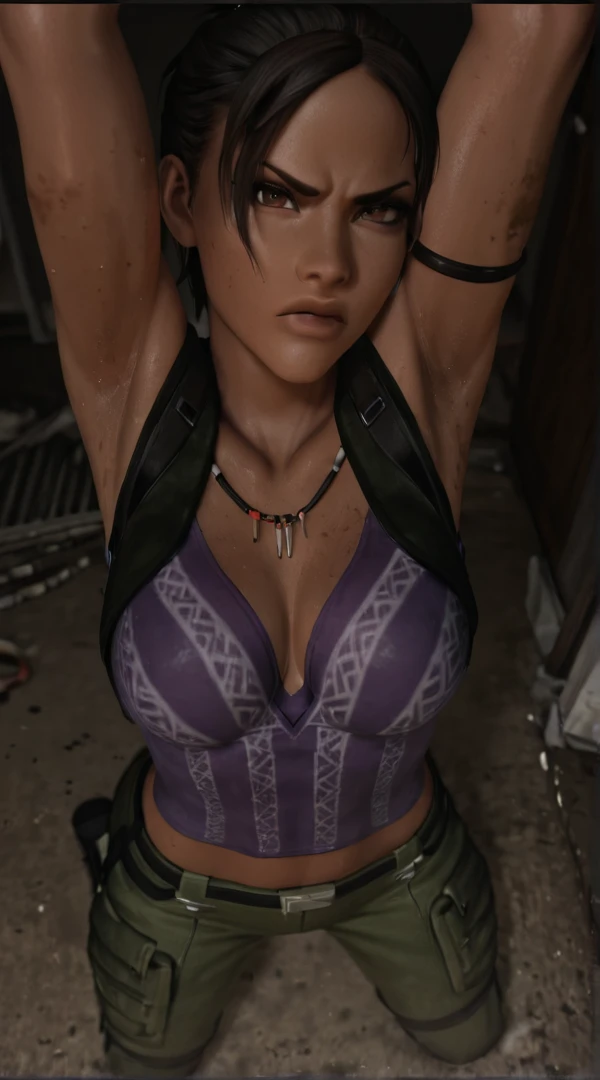 (masterpiece), best quality, expressive eyes, perfect face, (deep jungle background), (standing), (smirk), (cleavage view), (2girl, (1girl1: (18 years old, Nami, fair skin, orange hair, brown eyes, hourglass figure, thin body, skinny body, petite_body, , , oppai, large cleavage, wide , thick thighs), (green stripe v-neck shirt, sleeveless, croptop, exposed cleavage, shorts)), (1girl2: (18 years old, Nico Robin, latina, dark skin, tanned skin, short black hair with bangs, brown eyes, hourglass figure, thin body, skinny body, petite_body, , , oppai, large cleavage, wide , thick thighs), (purple stripe v-neck shirt, sleeveless, croptop, exposed cleavage, shorts)), 