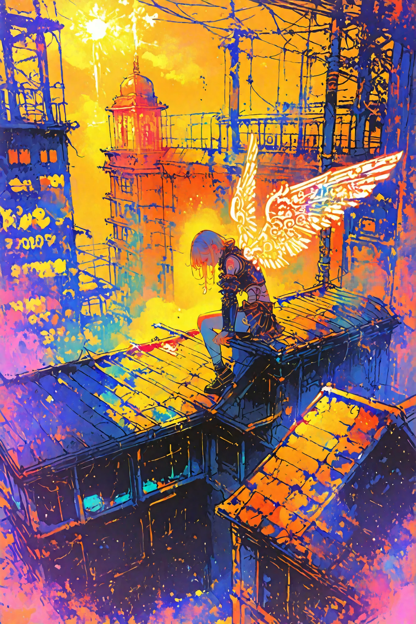 lineart, thin lines, thin colors, watercolor, soft touch, colorful, fantasy, full body,
1 girl, solo, fantasy world, (illustration:1.2), (rin-anime_fx), military lolita, huge elaborate mechanical wings, steampunk, cybernetic elements, (cyberpunk building rooftop: 1.5), sitting on a rooftop, sunset, polluted city, heavy industry smog, neon signs, abandoned vents, power lines, dust, looking down, cinematic angles, lens flare, elaborate metal texture, looking down,
masterpiece, best quality, highly detailed, 8K, detailed beautiful face and eyes, highly detailed background, elaborately designed clothes, intricately embroidered clothing,