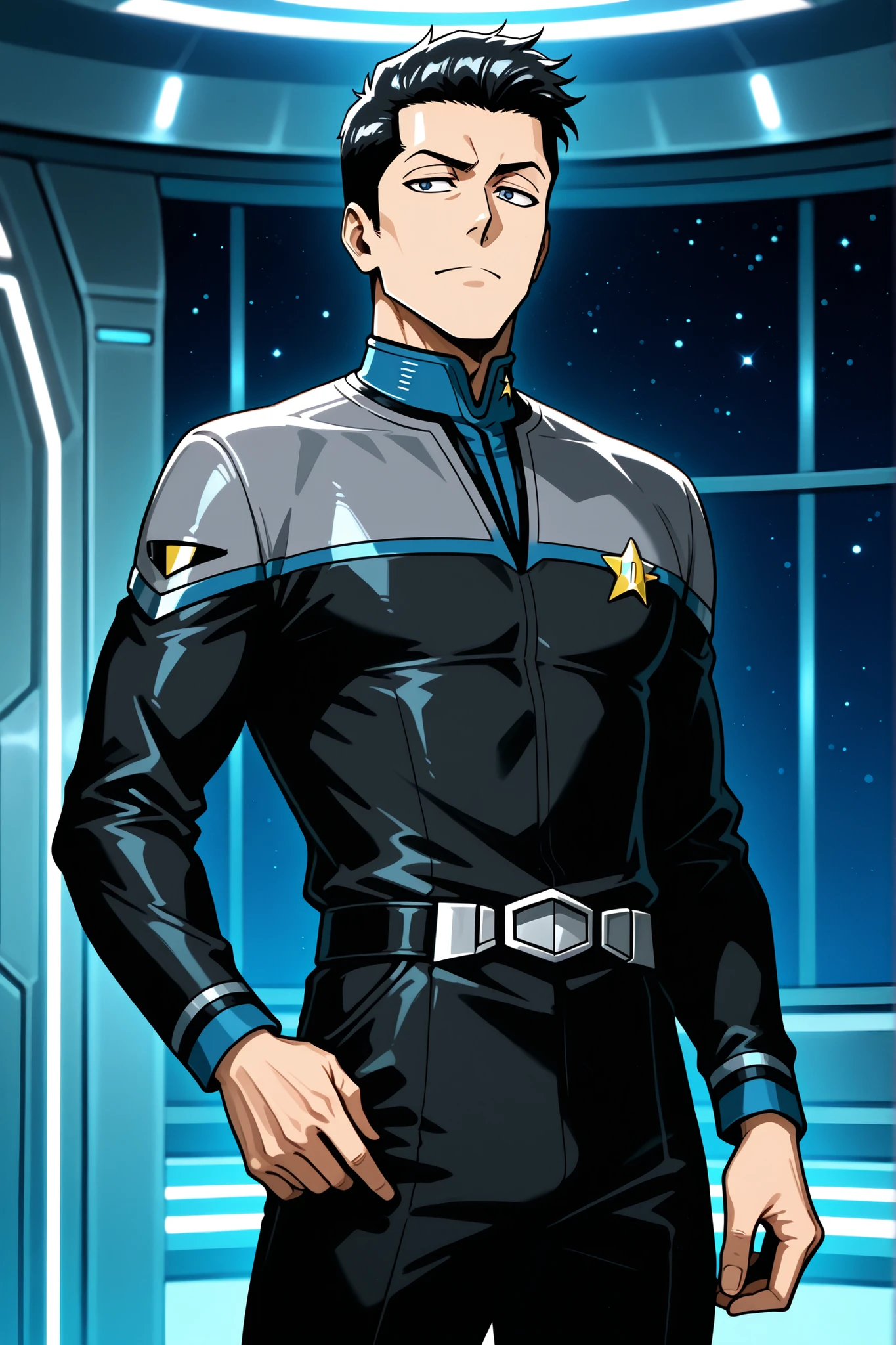 Masterpiece, 1boy, highly detailed, very handsome  man, chiseled facial features, godlike physique,  character, Star Trek (BetaZoid male, short wavy black hair, black irises, hair,ds9st,black and grey star trek uniform,grey shoulders, blue neck, blue strip at wrist,black jumpsuit,long black sleeves,black pants, Star Trek sick bay, Bleach art style