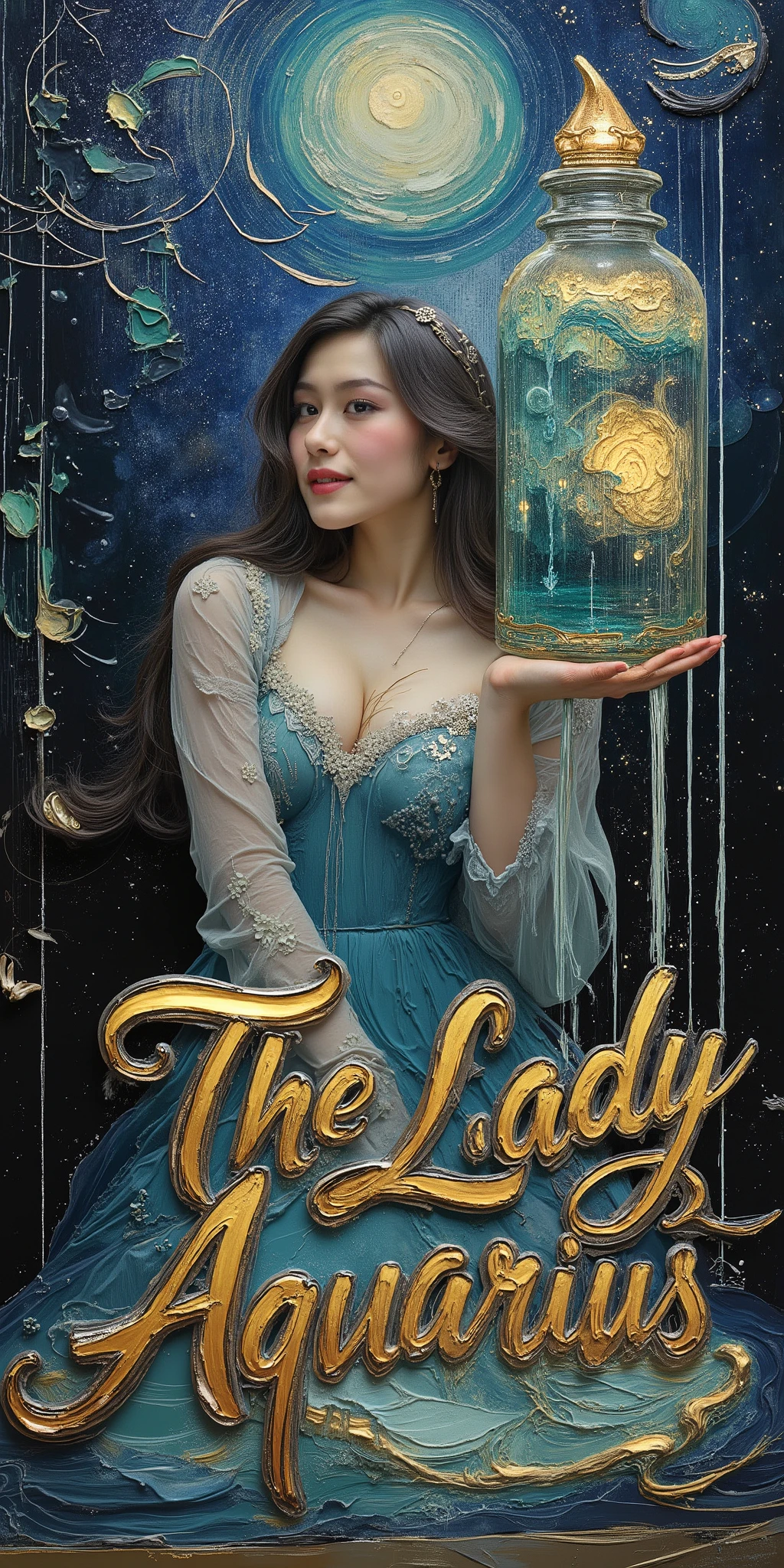 Painting art style of the closeup beautiful lady aquarius with large jar waterfall on her shoulder , the water glowing in the darknight, her one hands holding thats jar aside on her head position . Inspiration of art station , van gogh , and all best of artistic of painting style , hyper detail and elegan full color aestetic . On the central bottom have frontground large title text sign " The Lady Aquarius " Using golden and silver ornate for thats elegant tittle.