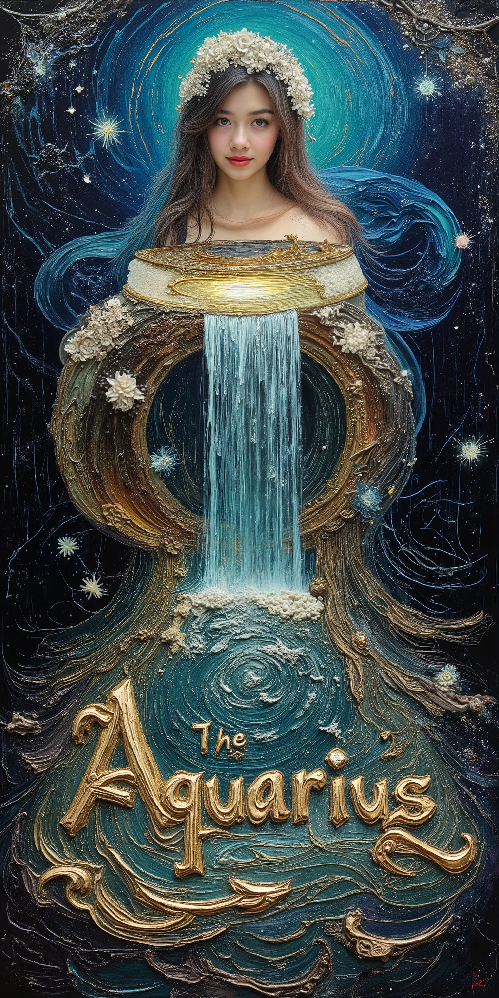 Painting art style of the closeup beautiful lady aquarius with large jar waterfall on her shoulder , the water glowing in the darknight, her one hands holding thats jar aside on her head position . Inspiration of art station , van gogh , and all best of artistic of painting style , hyper detail and elegan full color aestetic . On the central bottom have frontground large title text sign " The Lady Aquarius " Using golden and silver ornate for thats elegant tittle.