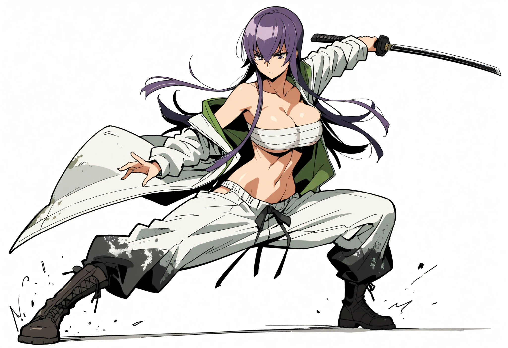 saeko busujima, highschool of the dead, masterpiece, (((white background, action pose, sensual))),drawing katana, open long white coat, high collar,  wrap, large , cleavage, navel, white loose pants, high boots, half off shoulder, uncropped
