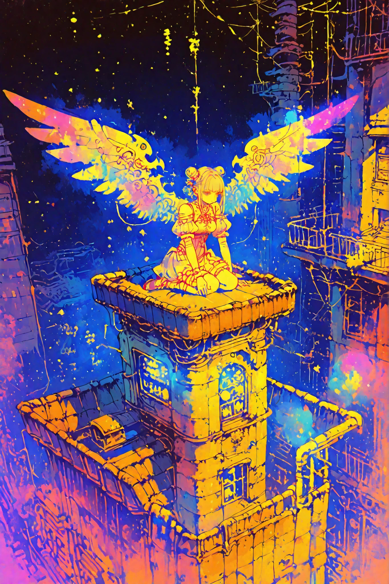 lineart, thin lines, thin colors, watercolor, soft touch, colorful, fantasy, full body,
1 girl, solo, fantasy world, (illustration:1.2), (rin-anime_fx), military lolita, huge elaborate mechanical wings, steampunk, cybernetic elements, (cyberpunk building rooftop: 1.5), sitting on a rooftop, night city, polluted city, heavy industry smog, neon signs, abandoned vents, power lines, dust, looking down, cinematic angles, lens flare, elaborate metal texture, looking down,
masterpiece, best quality, highly detailed, 8K, detailed beautiful face and eyes, highly detailed background, elaborately designed clothes, intricately embroidered clothing,