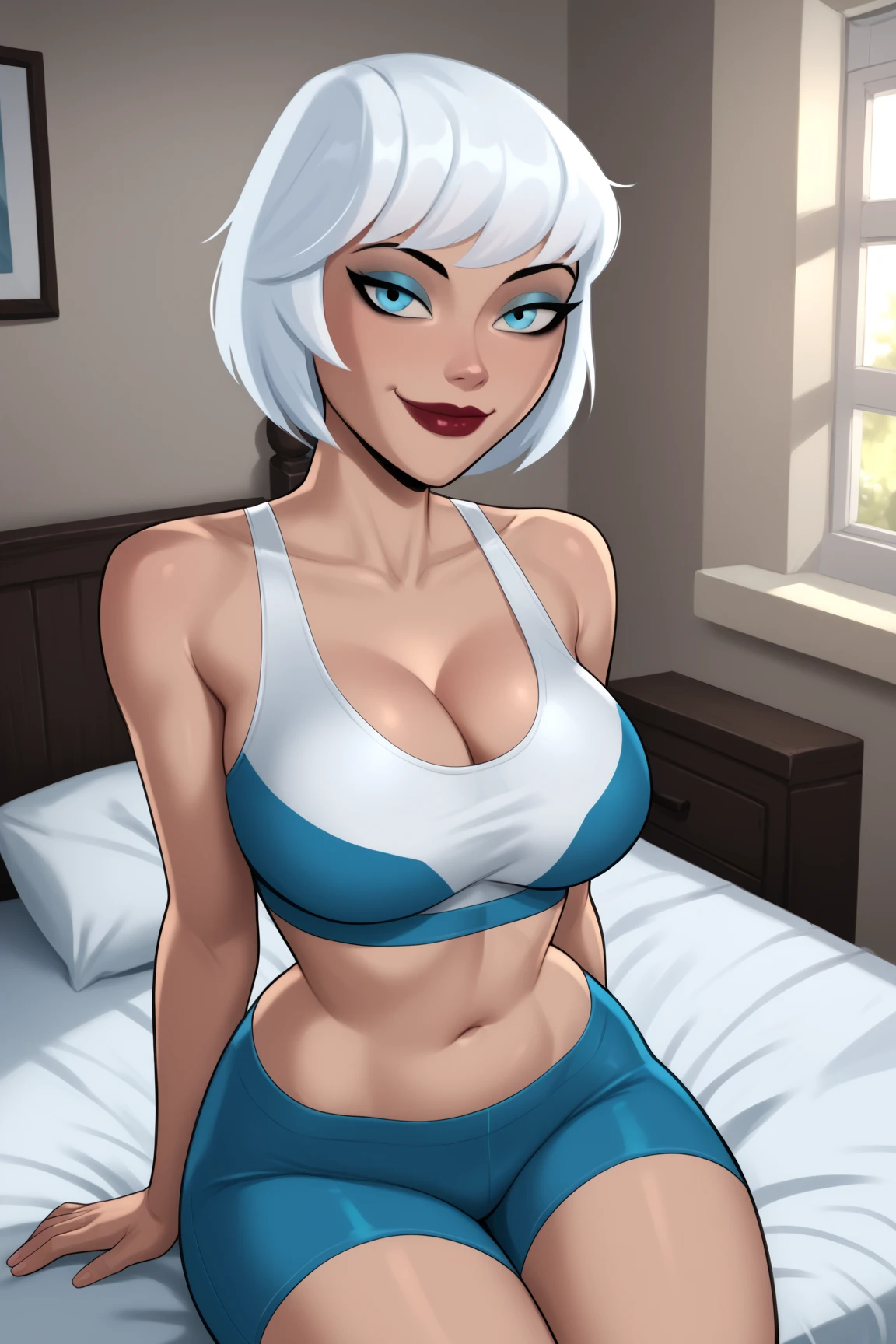 PonyXLV6_Scores BREAK (perfect , perfect eyes, absurd resolution, (cowboy shot:1)) <lora:add-detail-xl:1>, <lora:add_details_xl:0.8> BREAK <lora:Ice:0.6> tora olafsdotter, white hair, short hair, blue eyes, , raised eyebrow, ((looking at viewer)), lipstick, white shirt, crop top, cleavage, midriff, shorts, athletic, curvy,   pose, standing, hands on hip, indoors