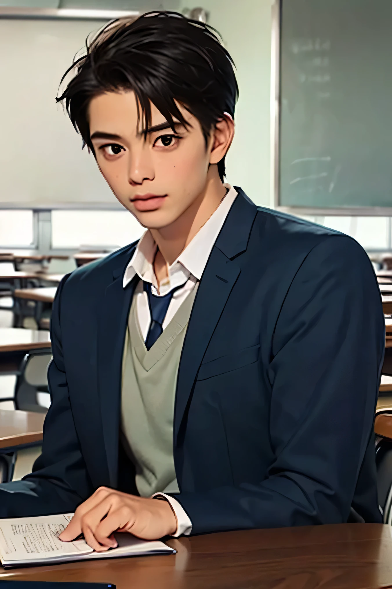 handsome dark haired Two adult males high school boys uniform male teacher two are having a conversation classrooms Make your face bigger Two adult males