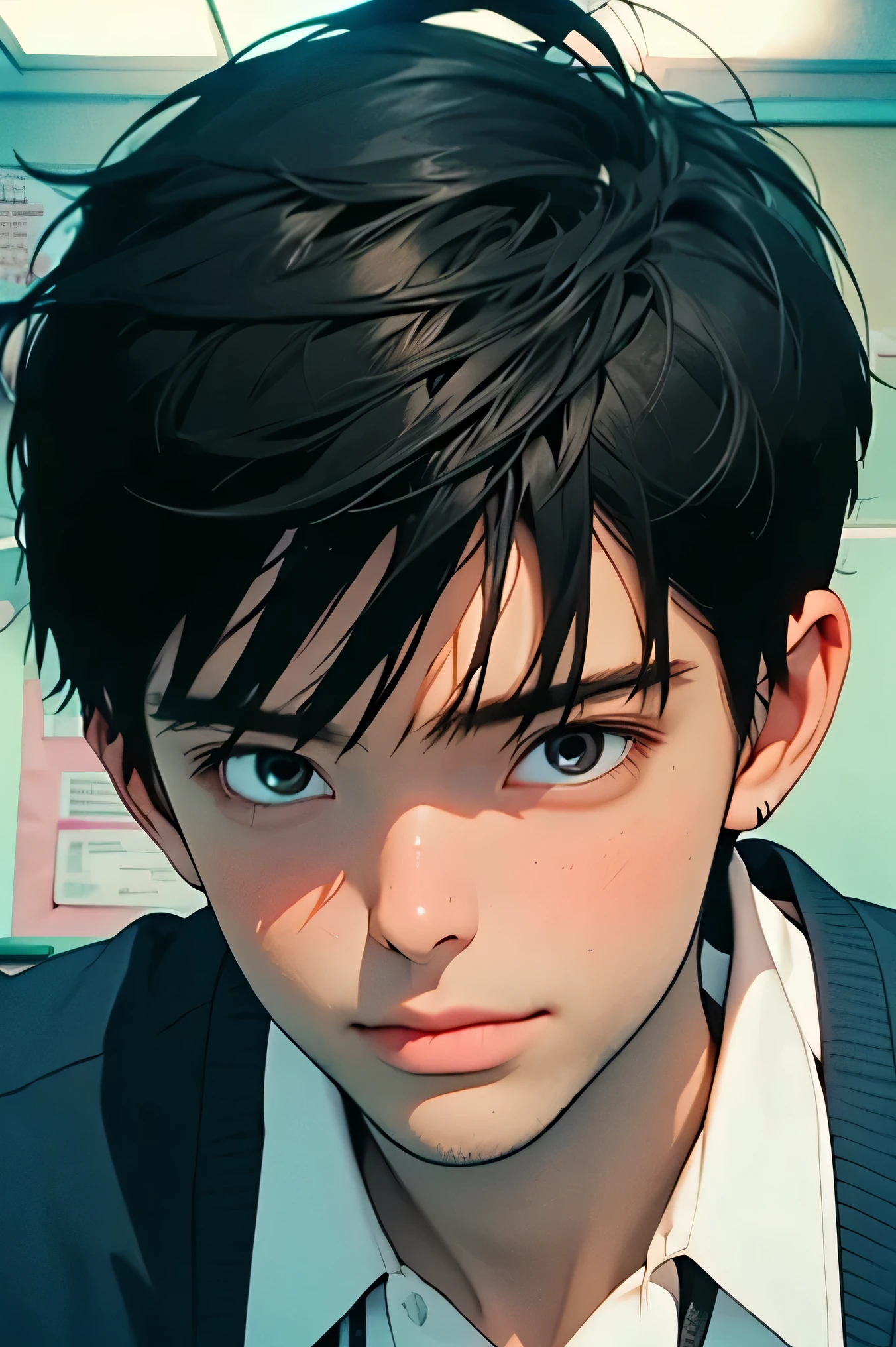 handsome dark haired Two adult males high school boys uniform male teacher two are having a conversation classrooms Make your face bigger Two adult males