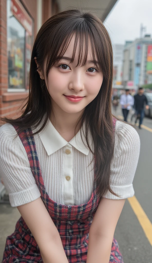 A, like girl cute of a smiling 22-year-old girl sitting inside a milk tea shop the  with a round face and an innocent smile with a white fashion style antique costume looking on the shirt with outstanding cartoons with long light red-brown hair 3D images of the highest quality 8k HDR resolution sharp uhd aperture in every detail