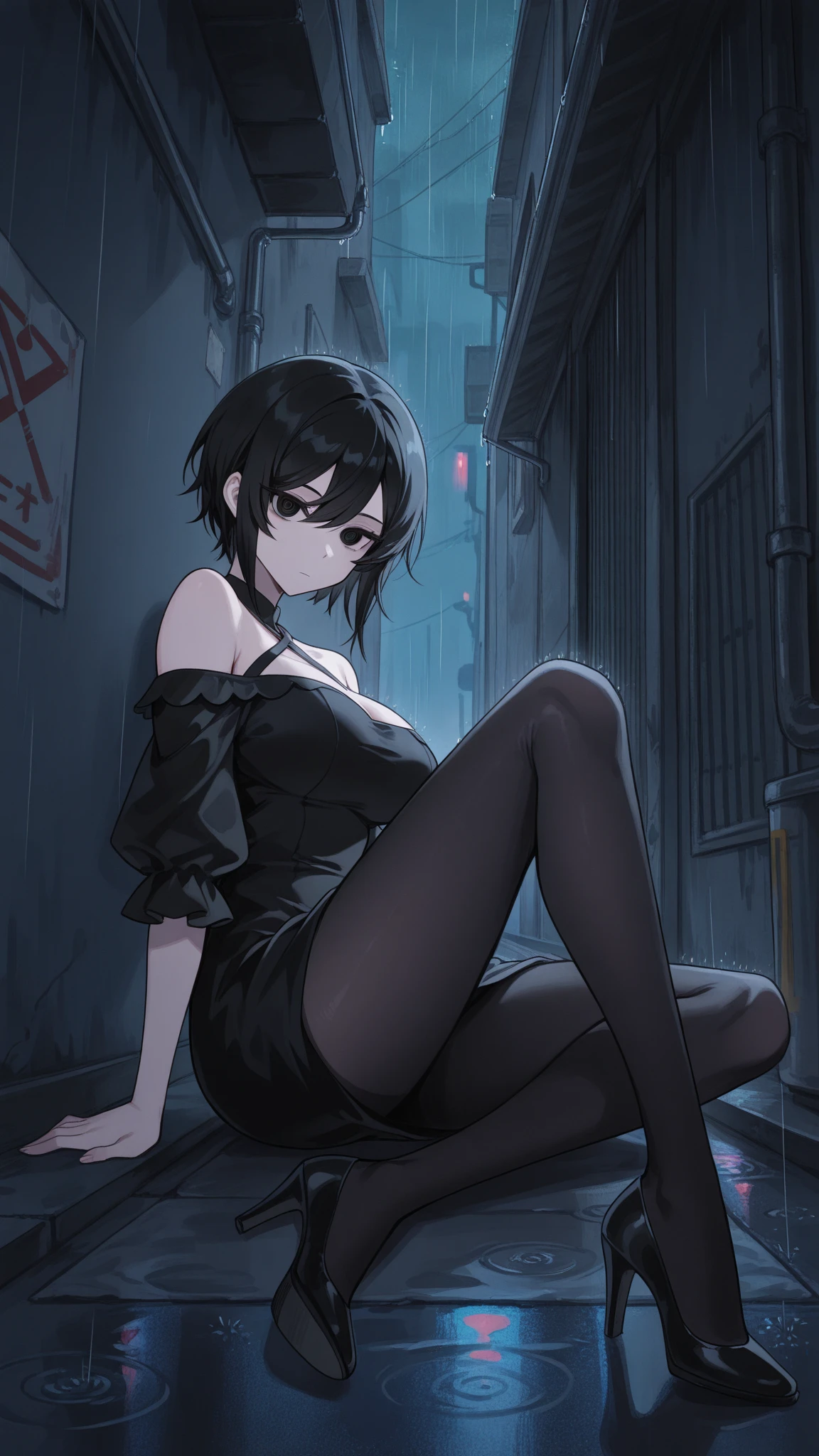 This is a hotel、Completely の女性、Completely 、I can see her boobs, navel, ,  and  majora.、Short, fluffy, dark brown lob hairstyle、Small breasts、R-18 illustration、She is blushing with embarrassment、She stands with her , spreading her  and  apart、１A girl is 、It's night now、サファイアのアクセサリーが付いている大きな黒いwitch hatを被っているCompletely の女性、Completely 、I can see her boobs, navel, ,  and  majora.、knee-length black stockings、Short dark blue loose lob hair、Small breasts、R-18 illustration、、She has pubic hair growing between her legs、I can see her underhair、