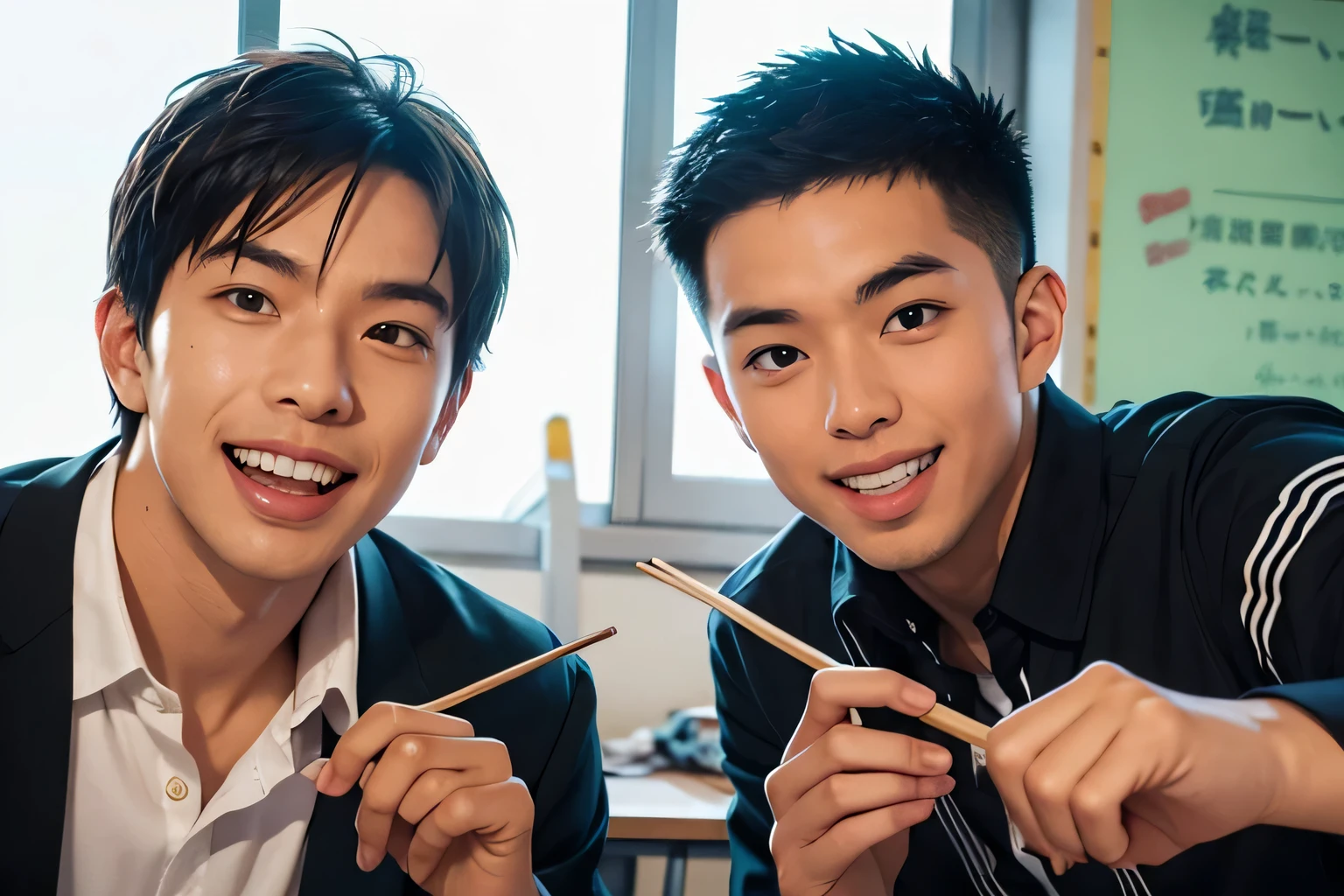 high school boys male teacher uniform two men face each other and play a Pocky game Two men stare at each other Smile Yan classrooms Make your face bigger Make your face biggerMake your face bigger 1本のポッキーを二人で食べる