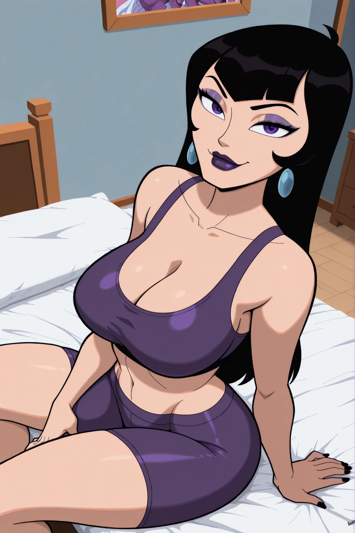 BREAK, score_6_up, score_7_up, score_8_up, score_9, 1girl, solo, long hair, purple eyes, black hair, earrings, makeup, lipstick, t4lb4ld4nd, , busty, cleavage, curvy, athletic, looking at viewer, seducing viewer, teasing viewer,  expression, smiling, closed mouth, bedroom eyes, purple sports bra, purple bike shorts, indoors, bedroom, sitting on bed, closeup, portrait, upper body, high-angle view, purple eyeshadow, black eyeliner, black mascara 