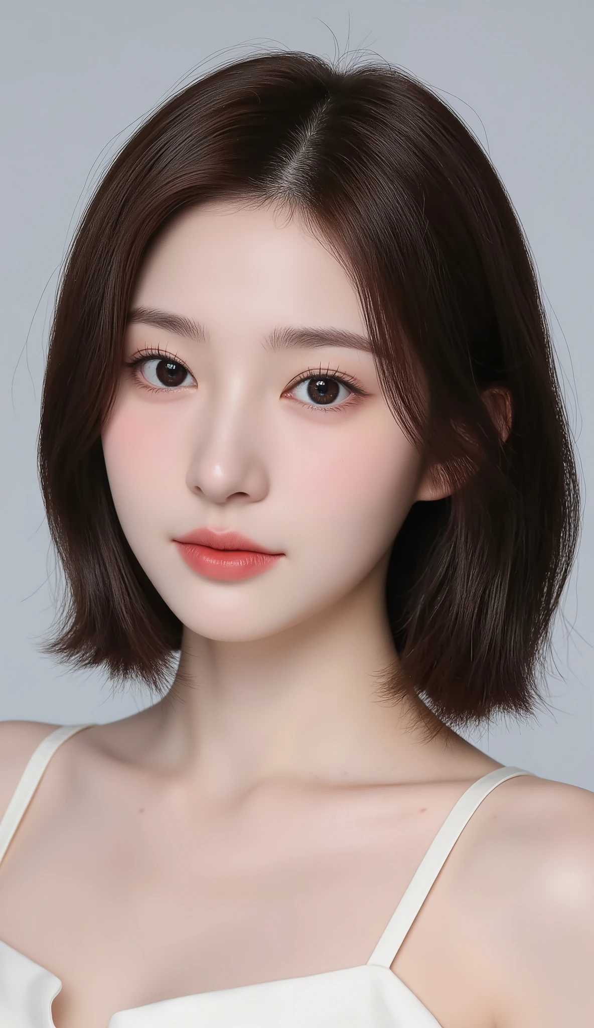 A beautiful Korean female idol with soft ulzzang features, pure KBS-style beauty; small V-shaped face, clean porcelain skin, large round brown eyes with soft eyeliner, straight natural eyebrows, small sharp nose, glossy gradient lips, silky dark brown hair, soft lighting, natural makeup, elegant feminine aura. K-pop idol vibe, photorealistic, high-resolution portrait, centered composition, subtle blush, perfect symmetry, gentle expression, fresh youthful look.