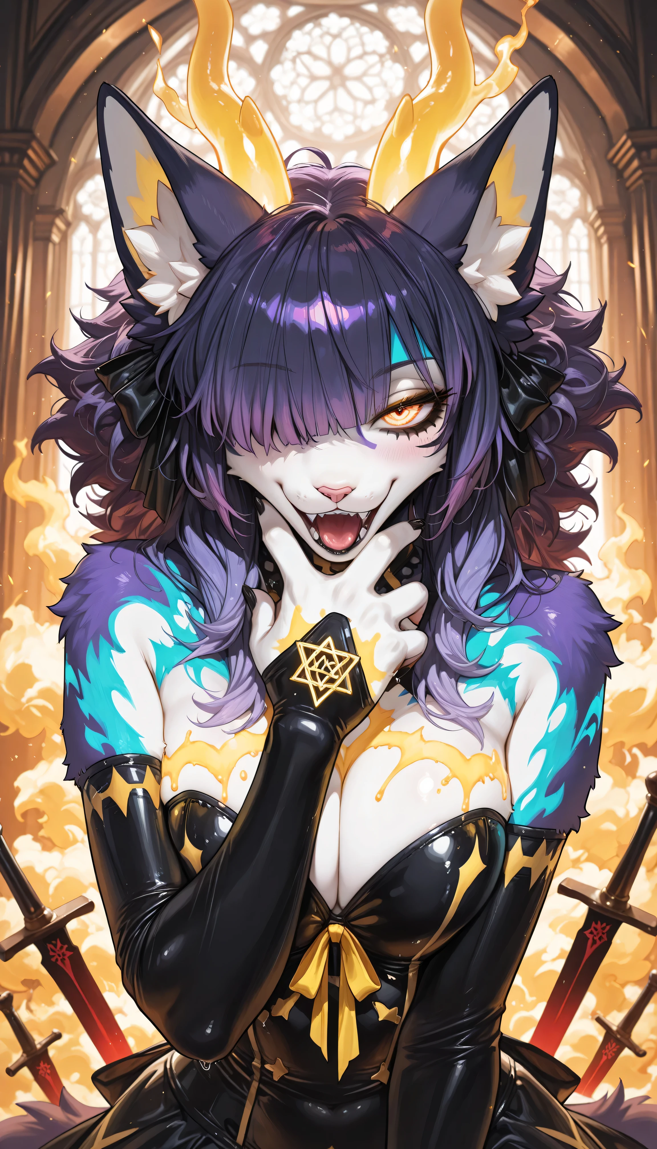 score_9, score_8_up, score_7_up, score_6_up, score_5_up, score_4_up, source_furry, (masterpiece, best quality, amazing quality, is very aesthetic, high resolution, ultra-detailed, newest ,cinematic, amazing quality, is very aesthetic,masterpiece, best quality, newest, contrasting light, very detailed, excellent quality, very detailed), ((furry dragon cat women female, white skin with yellow patterns on the body, glowing yellow furry body patterns, ( fluffy hair with huge bangs covering the right eye), purple hair with green tips, sweet attractive, seductive, charming eyes in the style of pentagrams, painted in black, black cosmetics:1.2)), wrapped in a red ribbon, roaring fighting pose, roaring into the sky, fists, powerful stands, a surge of rage, yellow fire around her, inside the yellow fire, against the background of the abyss, in her hand a blue ice unusual sword made of ice and icicles ,wondrous seductive attractive pose, aesthetics, pleasant tones, cutie