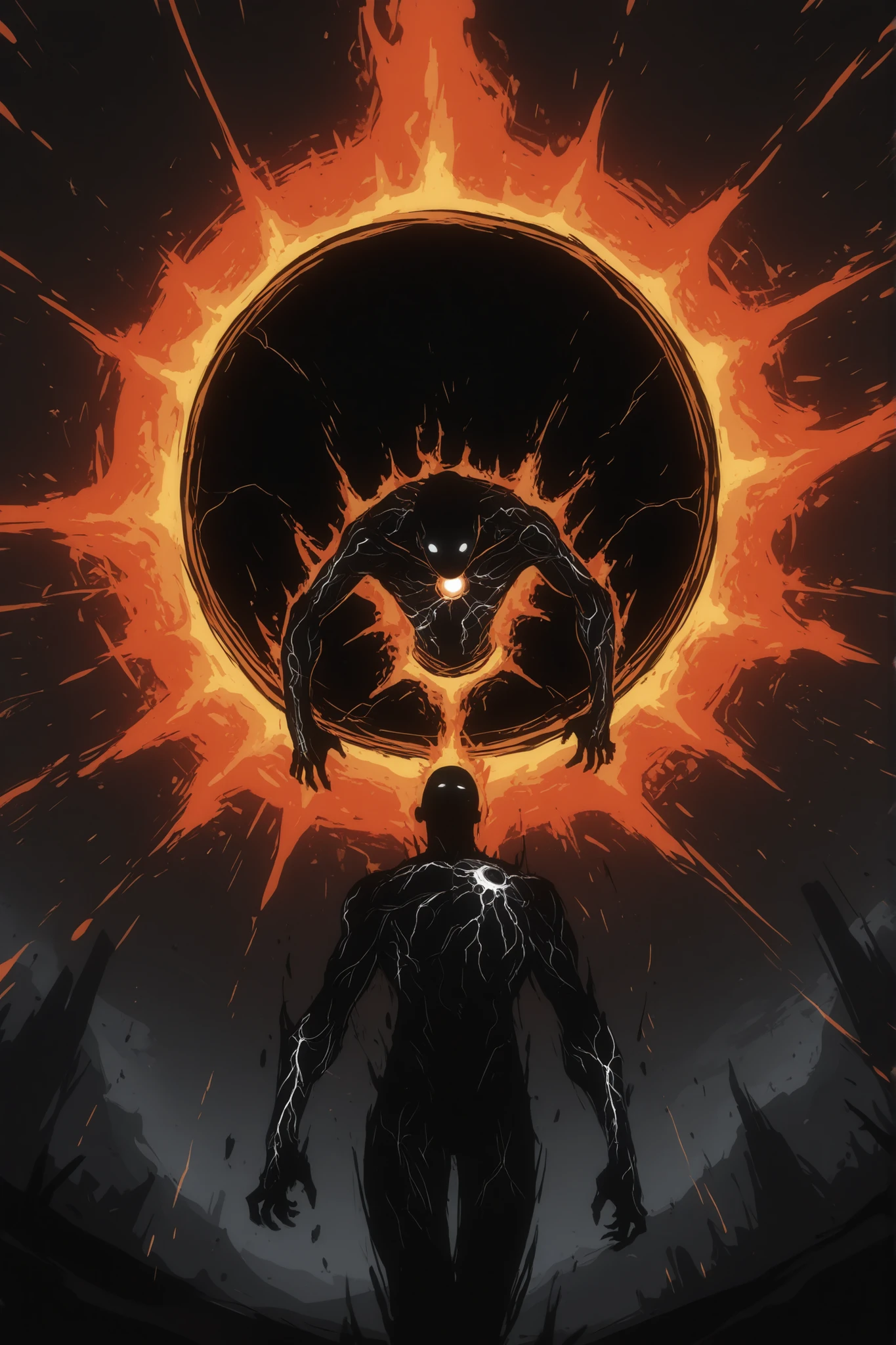 Game monster, sketch, concept art, All black human silhouette with a stellar black hole in the middle of his chest, bright color, black skin, orange and red energy, white eyes, round eyes , glowing eyes, on plain white canvas, rough, thin lines, 2d, concepts art, Masterpiece, incredible quality, perspective, dynamic pose, dynamic Dutch angle,Alone , grew old, brutal, cunning, orange energy around him, orange aura, Veins of blue energy run through his body. Energy veins, game monsters sketch, intimidating, slender body