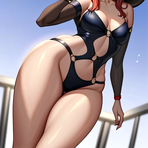 jennifer lawrence, 1girl, red haired chubby pale girl, green eyes, freckles, half asymetric red hair, cute, small height, stain lipstick, long eyelashes, primer, cream eyeline, ((small breasts)), cute, beautiful, realistic style, highly detailed, 4k, embarrassed expression, (((((full-body))))), ((golden ratio, center frame)), (((RISA))), face in center of picture ((Chubby)), ((body of sydney sweeney)), wide hips, inflated legs, thick thighs, ((detailed face))))), 4k, cute, slutty, sensual,  look, , ((in green tiny one-piece swimsuit with very high-hip-cut)), (((((walking))) on beach, ((((perspective , back of head, perspective from bottom))))))