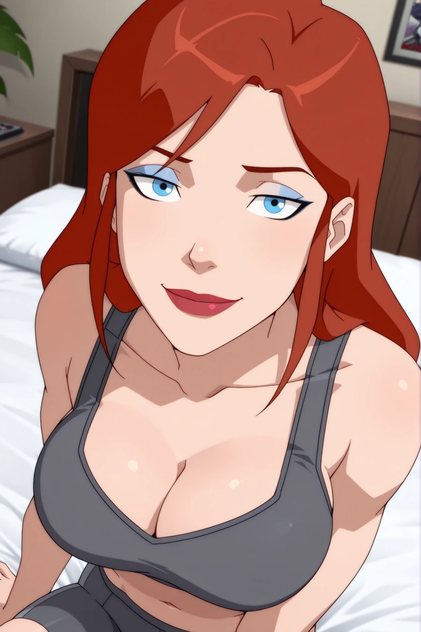 BREAK, score_6_up, score_7_up, score_8_up, score_9, 1girl, solo, b4rb4r4-b4t, blue eyes, long hair, red hair, brown hair, lipstick, makeup, large breasts, busty, cleavage, curvy, athletic, looking at viewer, seducing viewer, teasing viewer, seductive expression, smiling, closed mouth, bedroom eyes, gray sports bra, gray bike shorts, indoors, bedroom, sitting on bed, closeup, portrait, upper body, high-angle view, blue eyeshadow, black eyeliner, black mascara