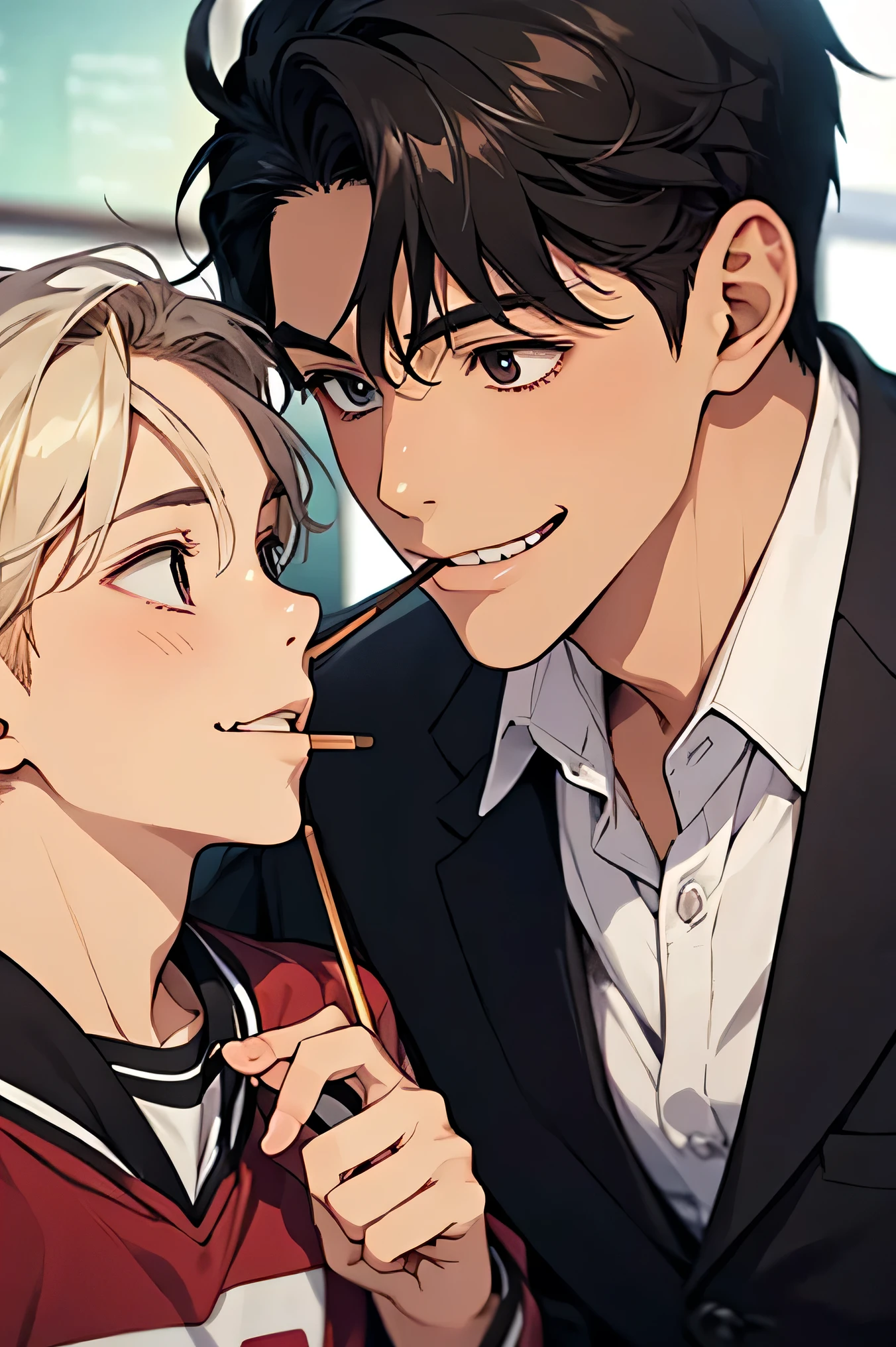 high school boys male teacher uniform two men face each other and play a Pocky game Two men stare at each other Smile Yan classrooms Make your face bigger Make your face bigger Make your face bigger A man eats one Pocky from both ends together embarrassed face