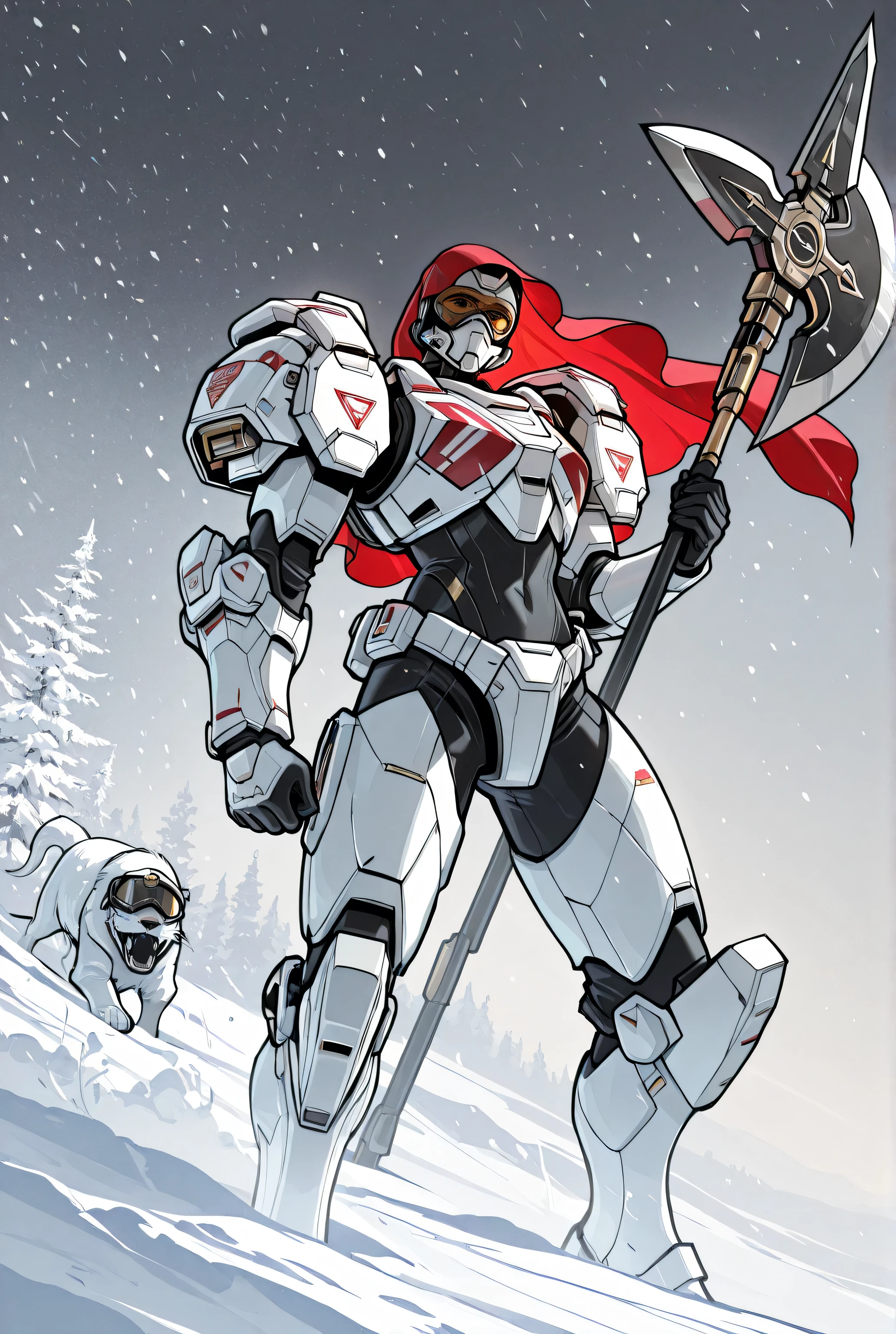 score_9,score_8_up,score_7_up,score_6_up,top quality, very detailed, super high resolution,32k uhd, sharp concentration, best quality , masterpiece, emotionalization , Golden, unconventional supreme masterpiece, Stunning Details, Warm atmosphere, with a high-end texture, in the style of a fashion photo, Detailed science-fiction painting in the style of Métal Hurlant. Portrait of a female science-fiction warrior wearing black goggles, a red veil and white futuristic armor. Holding a cybernetic halberd. There is a wild snowstorm around her with white and some pale green snow and fog.