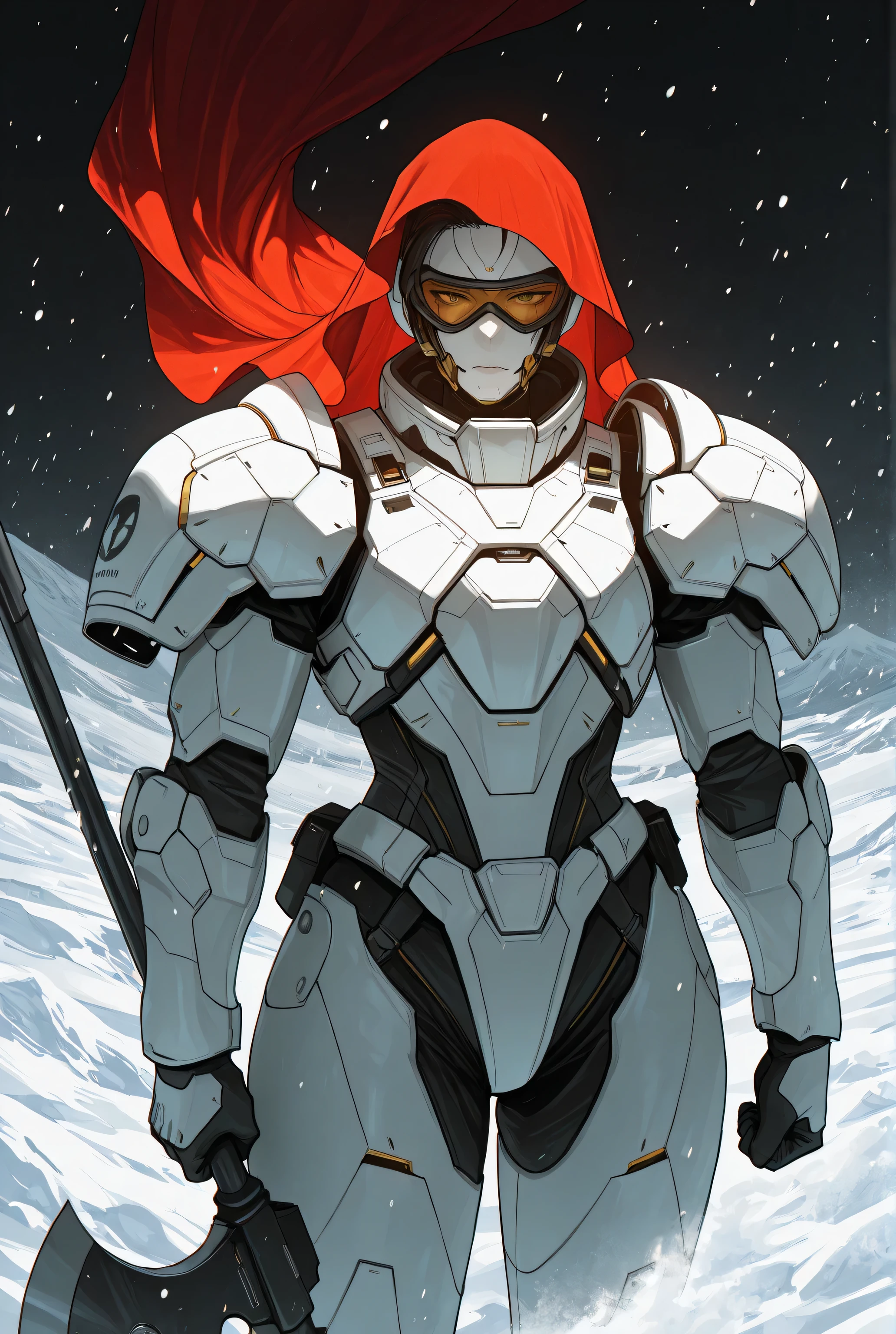 score_9,score_8_up,score_7_up,score_6_up,top quality, very detailed, super high resolution,32k uhd, sharp concentration, best quality , masterpiece, emotionalization , Golden, unconventional supreme masterpiece, Stunning Details, Warm atmosphere, with a high-end texture, in the style of a fashion photo, Detailed science-fiction painting in the style of Métal Hurlant. Portrait of a female science-fiction warrior wearing black goggles, a red veil and white futuristic armor. Holding a cybernetic halberd. There is a wild snowstorm around her with white and some pale green snow and fog.