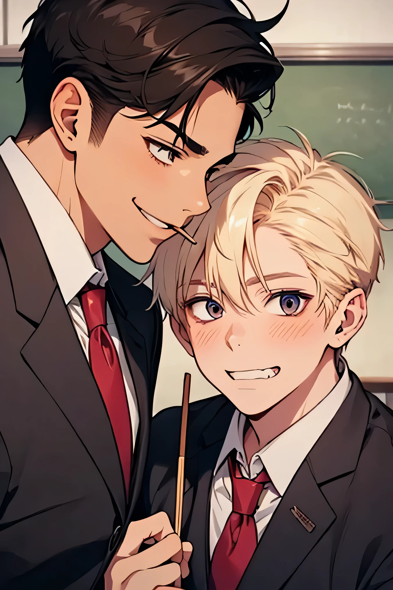 high school boys male teacher uniform two men face each other and play a Pocky game Two men stare at each other Smile Yan classrooms Make your face bigger Make your face bigger Make your face bigger man eats one Pocky from both ends Embarrassed Face