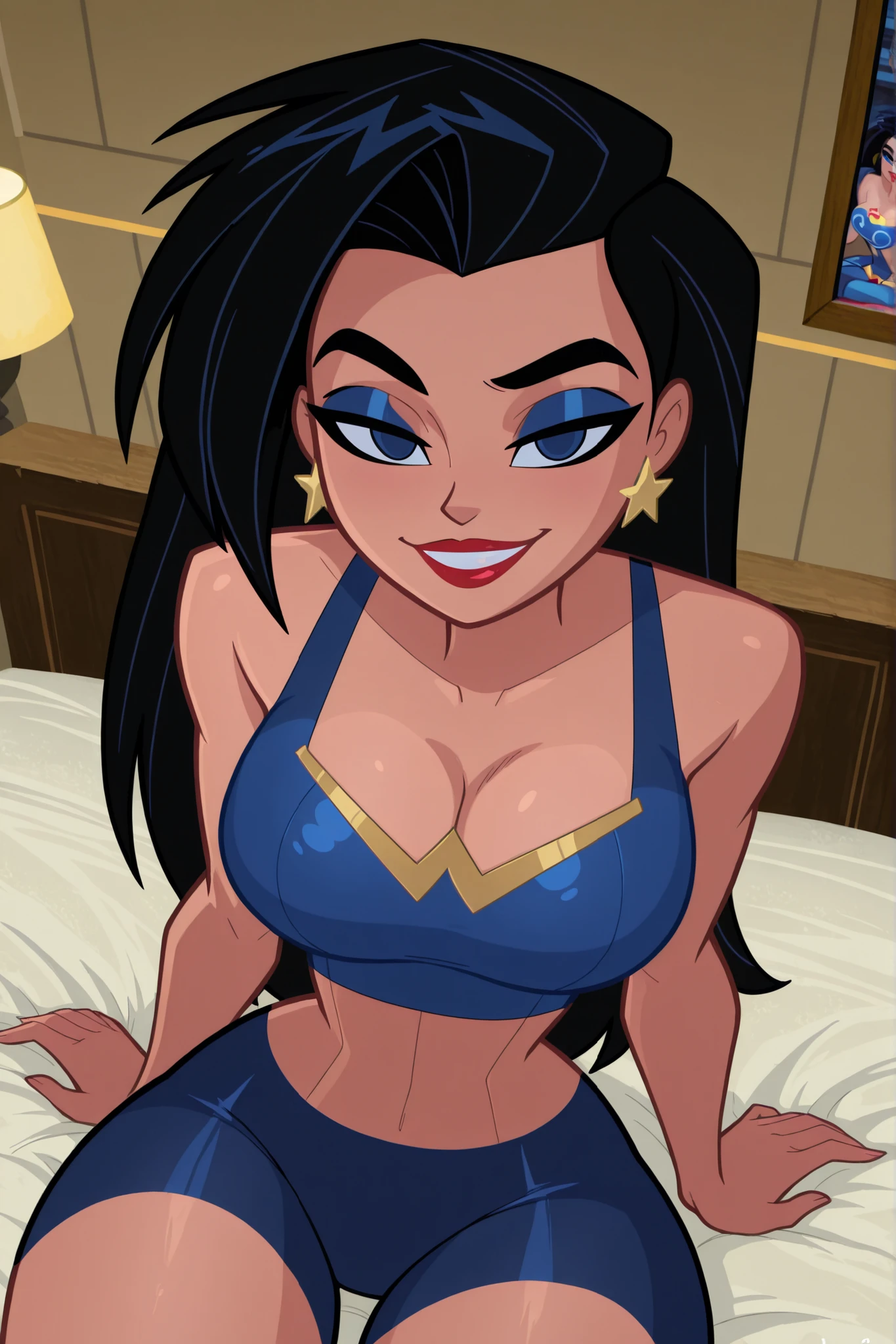 BREAK, score_6_up, score_9, score_8_up, score_7_up, ultra quality, solo, 1girl, wonderwomanjla, long hair, black hair, bare shoulders, jewelry, earrings, busty, blue sports bra, blue bike shorts, makeup, lipstick, star earrings, looking at viewer, seducing viewer, teasing viewer, smiling, seductive expression, bedroom eyes, athletic, large breasts, cleavage, curvy, narrow waist, upper body, portrait, screencap, indoors, bedroom, sitting on bed, high-angle view, closeup, midriff, blue eyeshadow, black eyeliner, black mascara