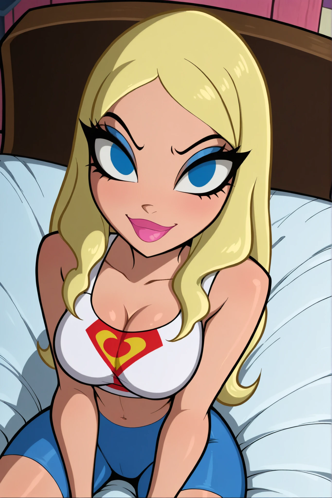 BREAK, score_6_up, score_7_up, score_8_up, score_9, masterpiece, best quality, amazing quality, SGJLA, 1girl, solo, blonde hair, blue eyes, pink lipstick, long hair, makeup, large breasts, busty, cleavage, curvy, athletic, looking at viewer, seducing viewer, teasing viewer, seductive expression, smiling, closed mouth, bedroom eyes, white sports bra, blue bike shorts, indoors, bedroom, sitting on bed, closeup, portrait, upper body, high-angle view, blue eyeshadow, black eyeliner, black mascara