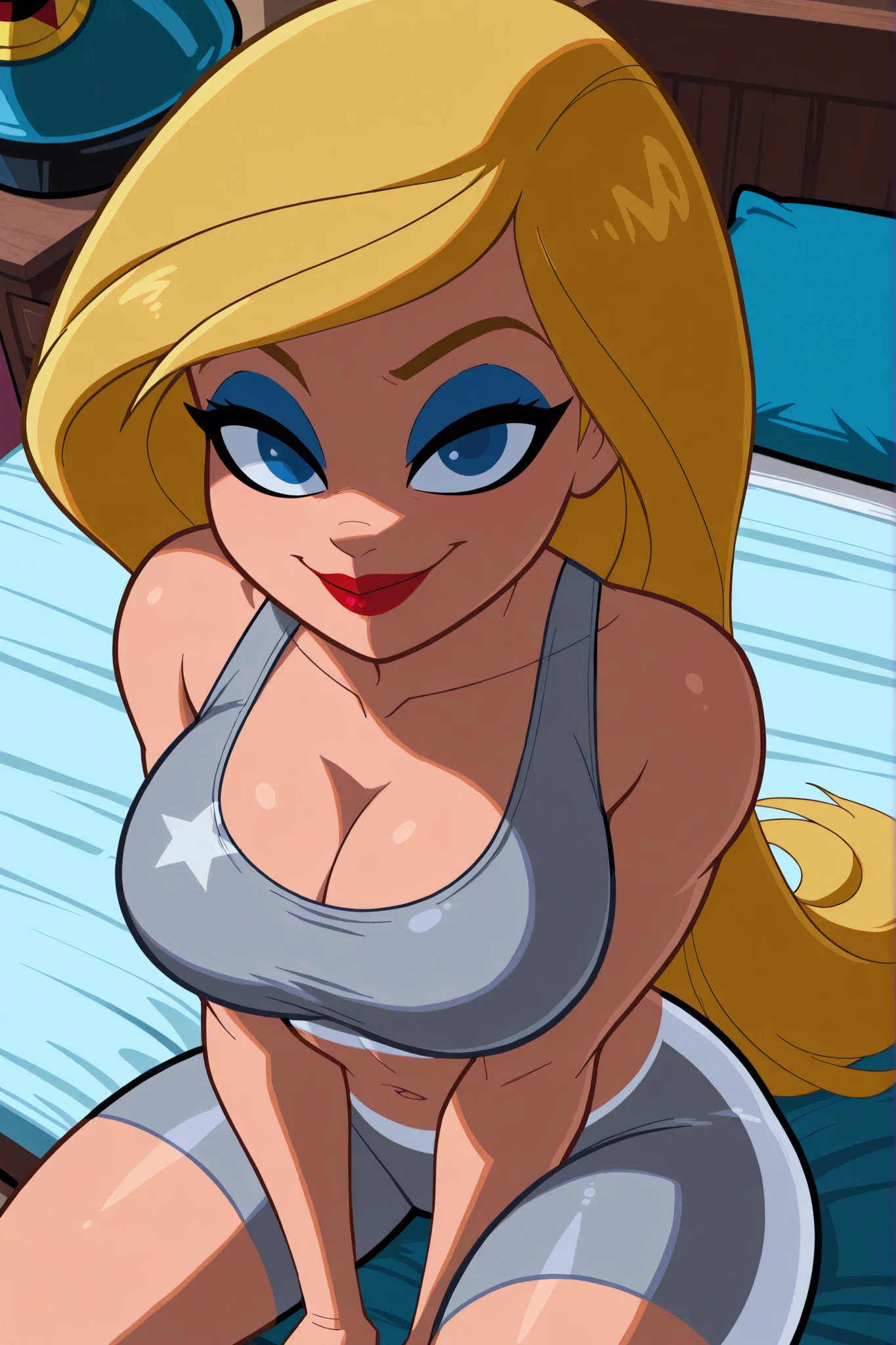 BREAK, score_6_up, score_7_up, score_8_up, score_9, Stargirl, 1girl, solo, long hair, blue eyes, blonde hair, lipstick, superhero, red lips, , cleavage, curvy, athletic, looking at viewer, seducing viewer, teasing viewer, smiling, closed mouth,  expression, bedroom eyes, busty, platinum sports bra, platinum bike shorts, indoors, bedroom, sitting on bed, portrait, upper body, closeup, high-angle view, blue eyeshadow, black eyeliner, black mascara 