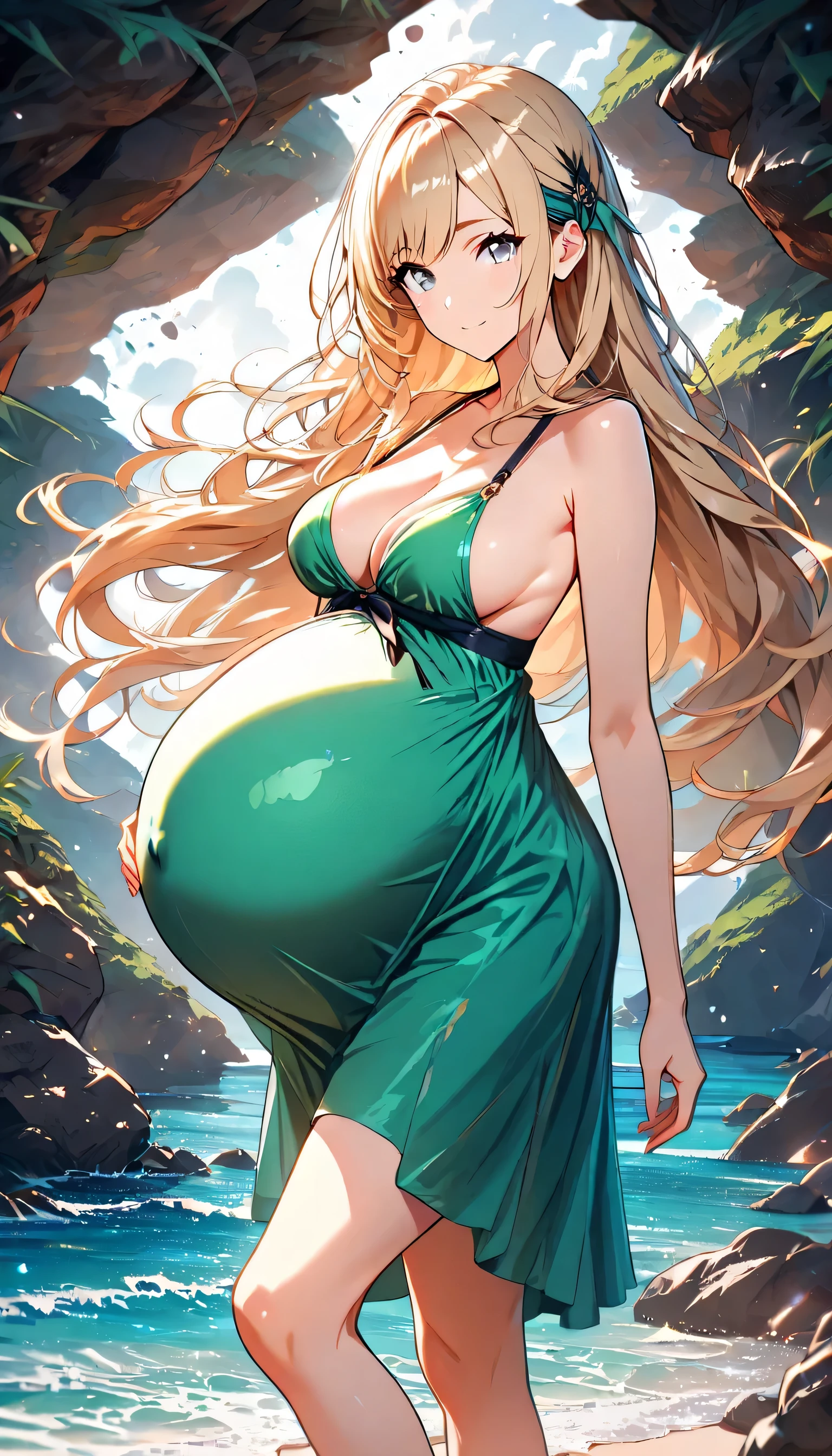 High Resolution, Best Quality, Super Detailed, Masterpiece, 4K, hidden beach, 1girl, blonde hair, long hair, grey eyes, flat breasts, bulging breasts, overflowing breasts, bursting breasts, ample chest, oversized bousom, pregnant, adult body, tall body, green bikini, sandals, looking at viewer, head turned towards viewer, slight smile, standing, cleavage, sideboob, underboob, close up