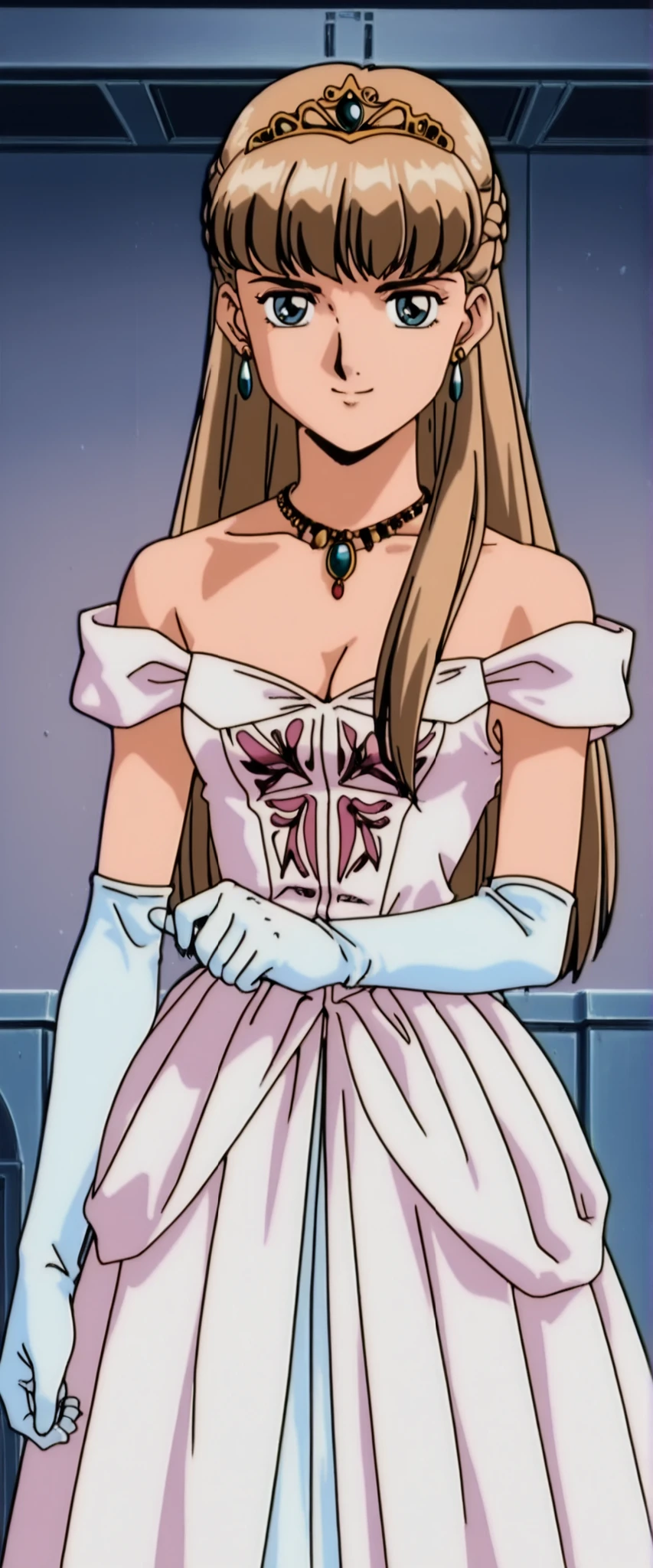 score_9, score_8_up, score_7_up,anime_screenshot,OFFICIAL ART,anime coloring, official anime artwork, screencap, anime screencap,retro artstyle,uncensored,BREAK,1girl ,solo,relena peacecraft, long hair, bangs, blue eyes, brown hair, half up braid, BREAK,smile,BREAK,tiara,earrings,jewelry,necklace,white dress,cleavage,bare shoulders,elbow gloves,BREAK,cowboy shot, looking viewer,indoor,danceroom