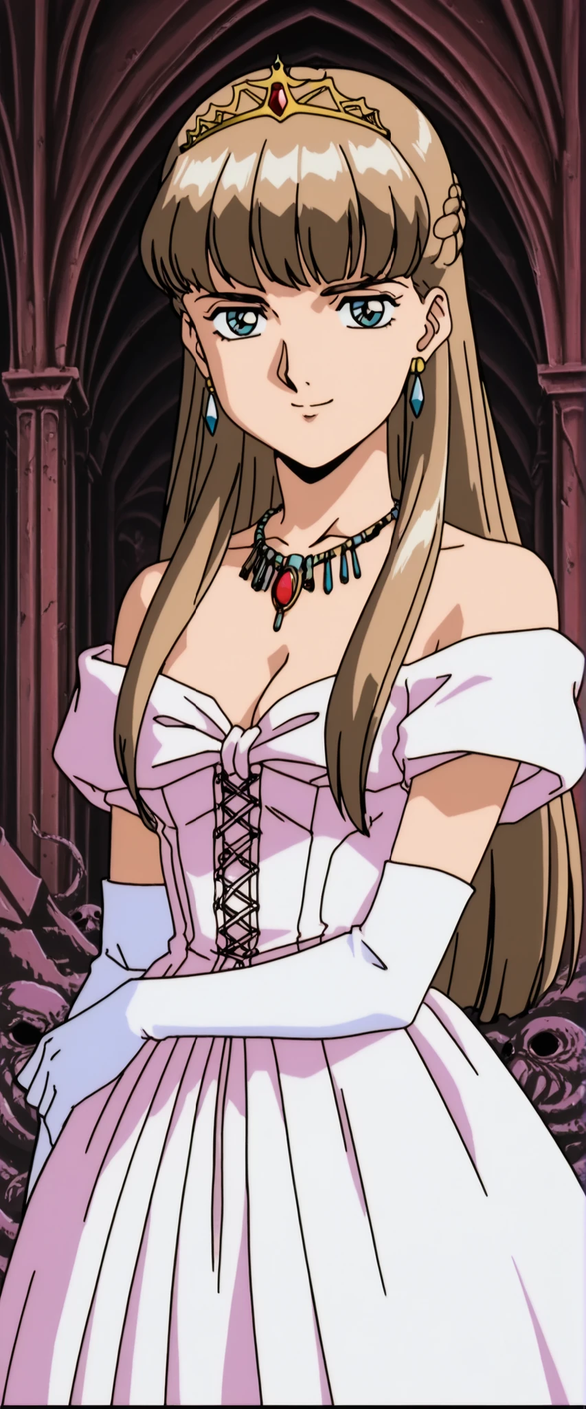 score_9, score_8_up, score_7_up,anime_screenshot,OFFICIAL ART,anime coloring, official anime artwork, screencap, anime screencap,retro artstyle,uncensored,BREAK,1girl ,solo,relena peacecraft, long hair, bangs, blue eyes, brown hair, half up braid, BREAK,smile,BREAK,tiara,earrings,jewelry,necklace,white hoopdress,cleavage,bare shoulders,elbow gloves,BREAK,cowboy shot, looking viewer,indoor,Cthulhu cathedral