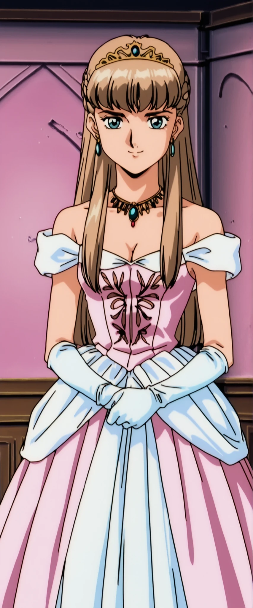 score_9, score_8_up, score_7_up,anime_screenshot,OFFICIAL ART,anime coloring, official anime artwork, screencap, anime screencap,retro artstyle,uncensored,BREAK,1girl ,solo,relena peacecraft, long hair, bangs, blue eyes, brown hair, half up braid, BREAK,smile,BREAK,tiara,earrings,jewelry,necklace,white princess dress,cleavage,bare shoulders,elbow gloves,BREAK,cowboy shot, looking viewer,indoor,danceroom