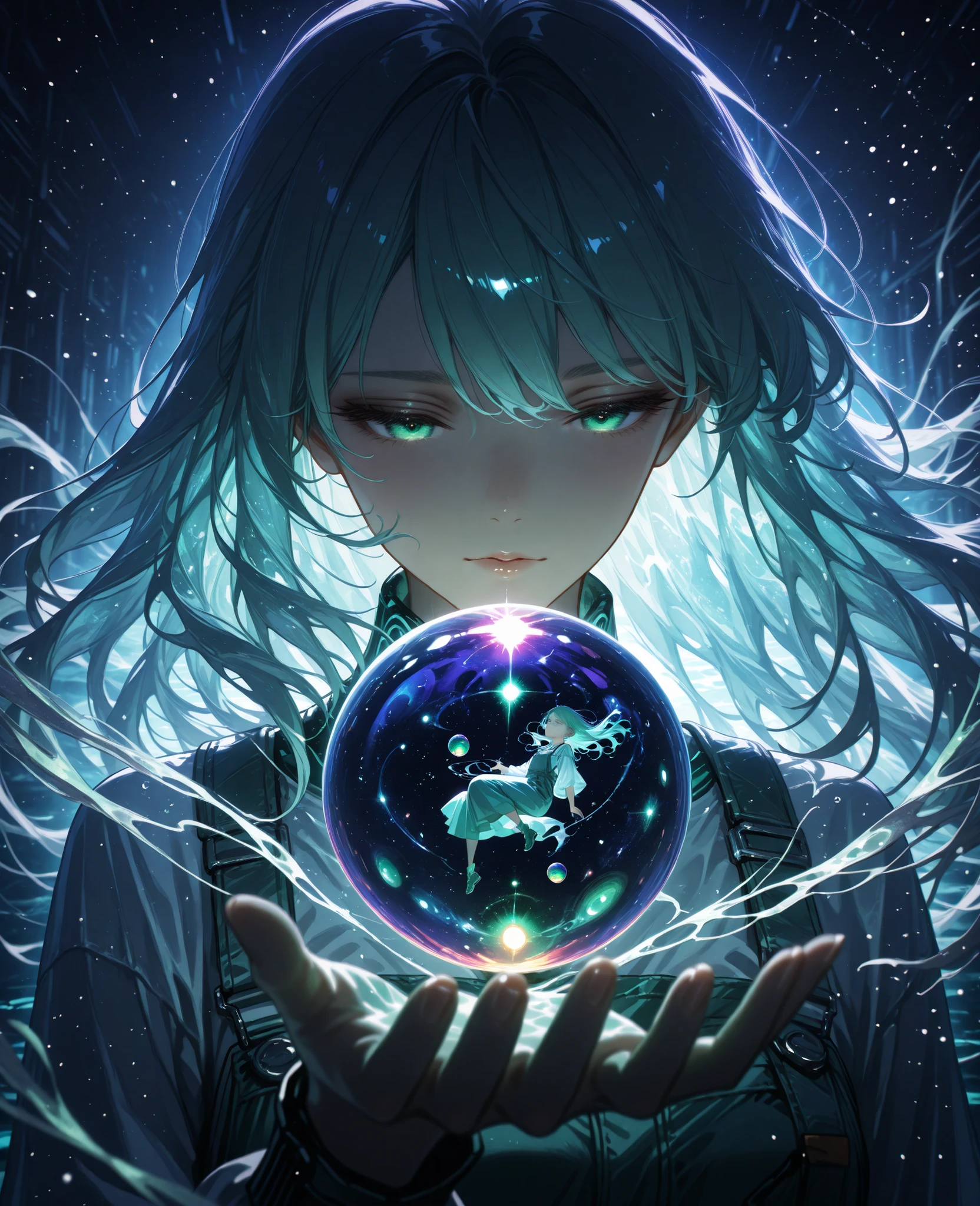A cinematic anime close-up shot, soft and bright lighting, ethereal atmosphere. A mysterious young woman with long, flowing hair in pastel blue tones reflecting violet hues. Her expression is calm and introspective, her eyes half-closed with a soft magenta-red glow in the iris. Between her lips, she holds a thin luminescent object, glowing yellowish-green, like a cigarette. Spheres hover before her face with a faint holographic sheen. The background is dark and abstract, with soft gradients of deep blue and purple, giving the scene a dreamlike and futuristic feel. Strands of hair are softly illuminated, floating in the light like underwater silk. Overall mood: mystical, serene, richly detailed anime aesthetic, inspired by Makoto Shinkai and the cinematography of modern science fiction anime