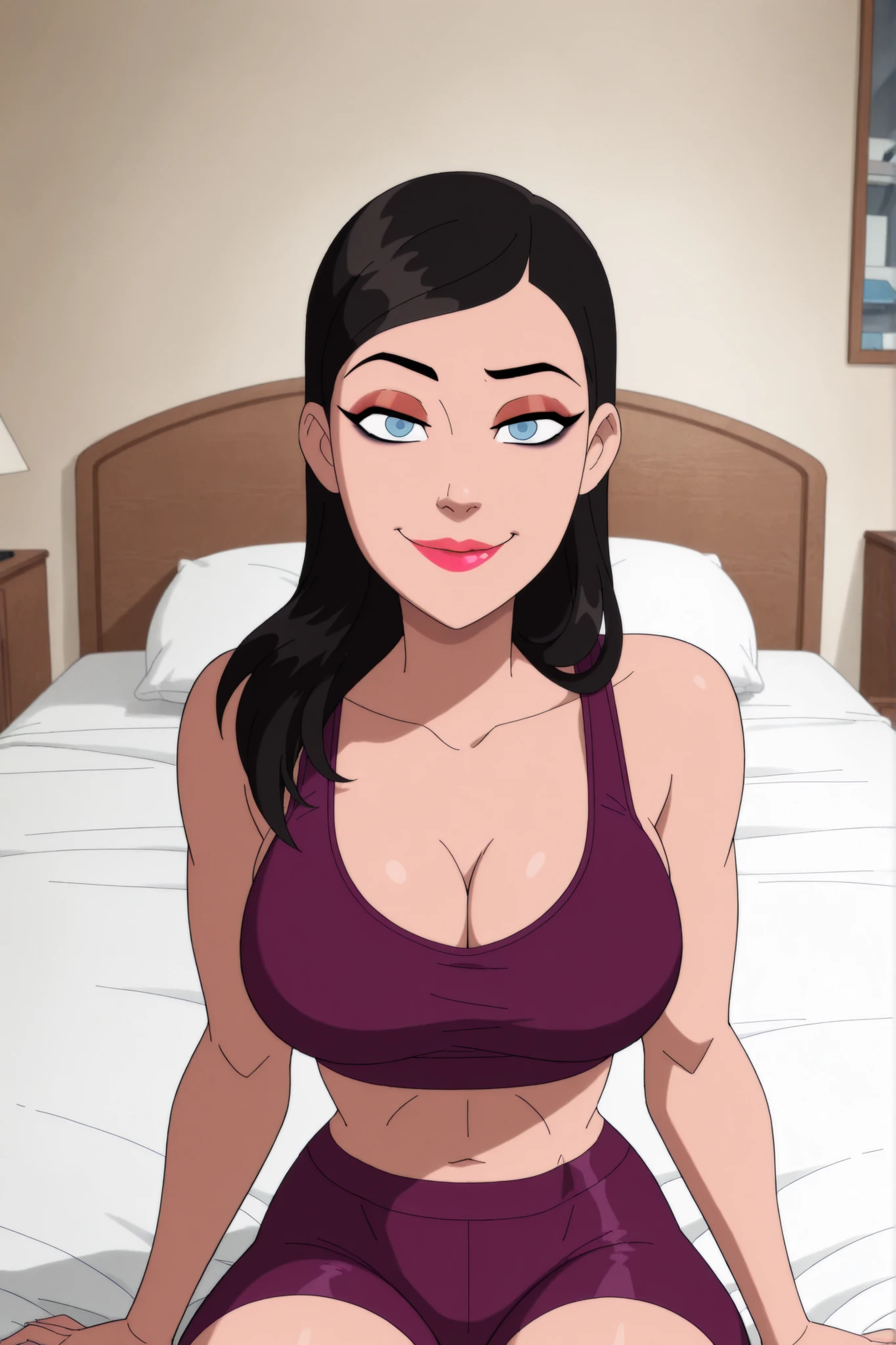 BREAK, score_6_up, score_7_up, score_8_up, score_9, 1girl, solo, loislane, black hair, long hair, makeup, lipstick, blue eyes, large breasts, cleavage, curvy, athletic, looking at viewer, seducing viewer, teasing viewer, smiling, closed mouth, seductive expression, bedroom eyes, busty, purple sports bra, purple bike shorts, indoors, bedroom, sitting on bed, portrait, closeup, upper body, high-angle view, maroon eyeshadow, black eyeliner, black mascara 