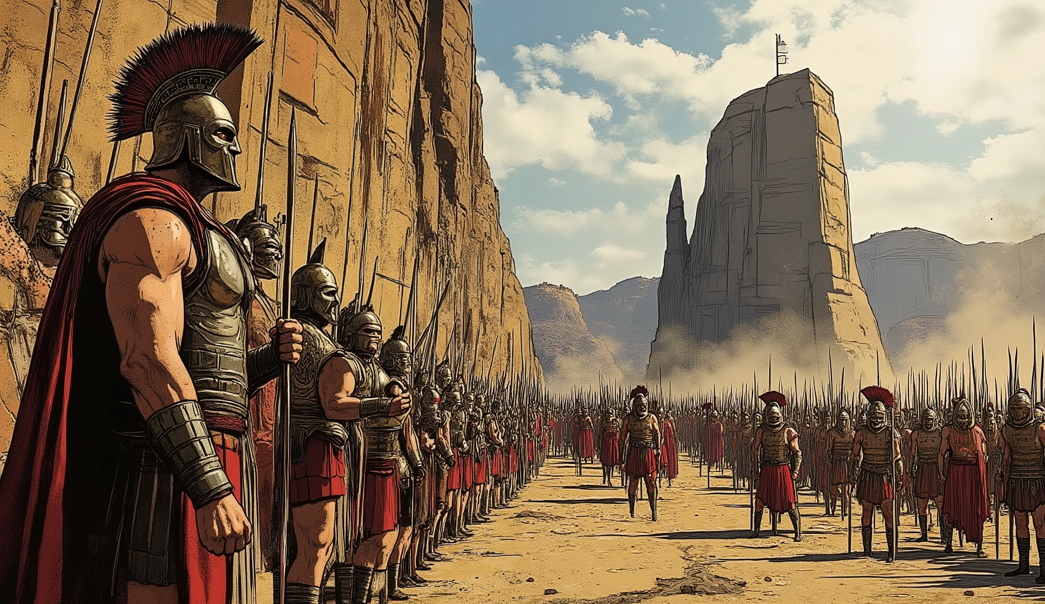 200.000 Persians vs 300 Spartans about to fight the camera from the side capturing the image